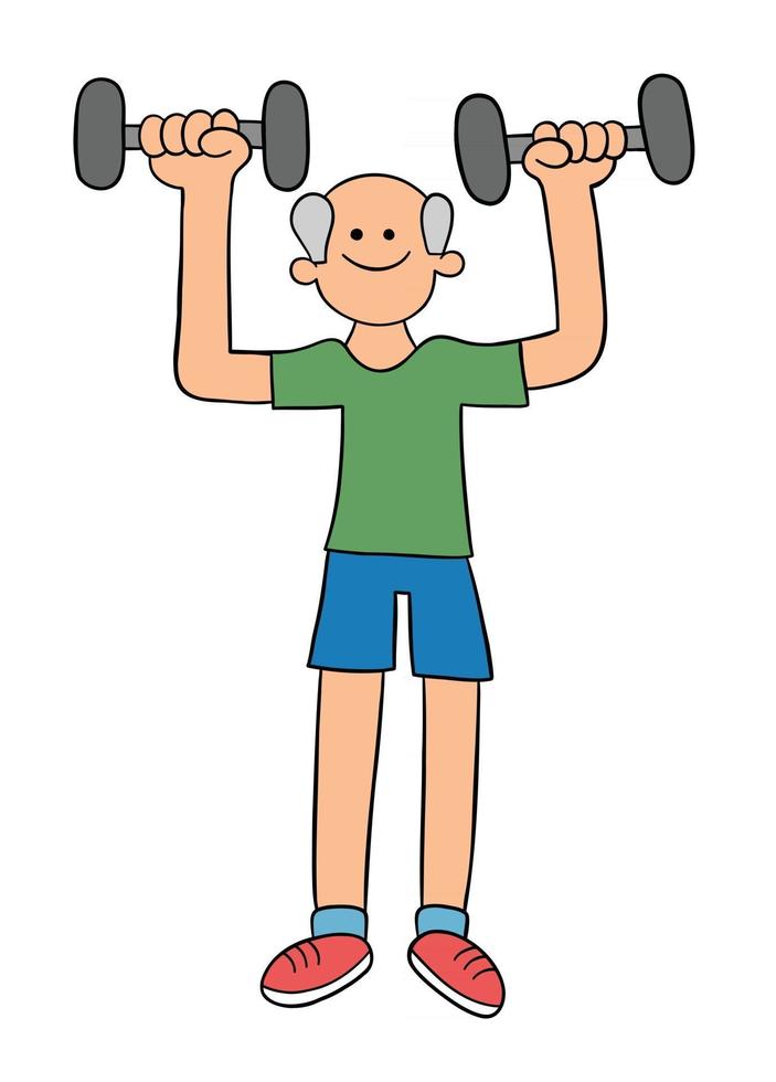 Cartoon alter Mann, der Gewichte trainiert und hebt Vektor-Illustration vektor