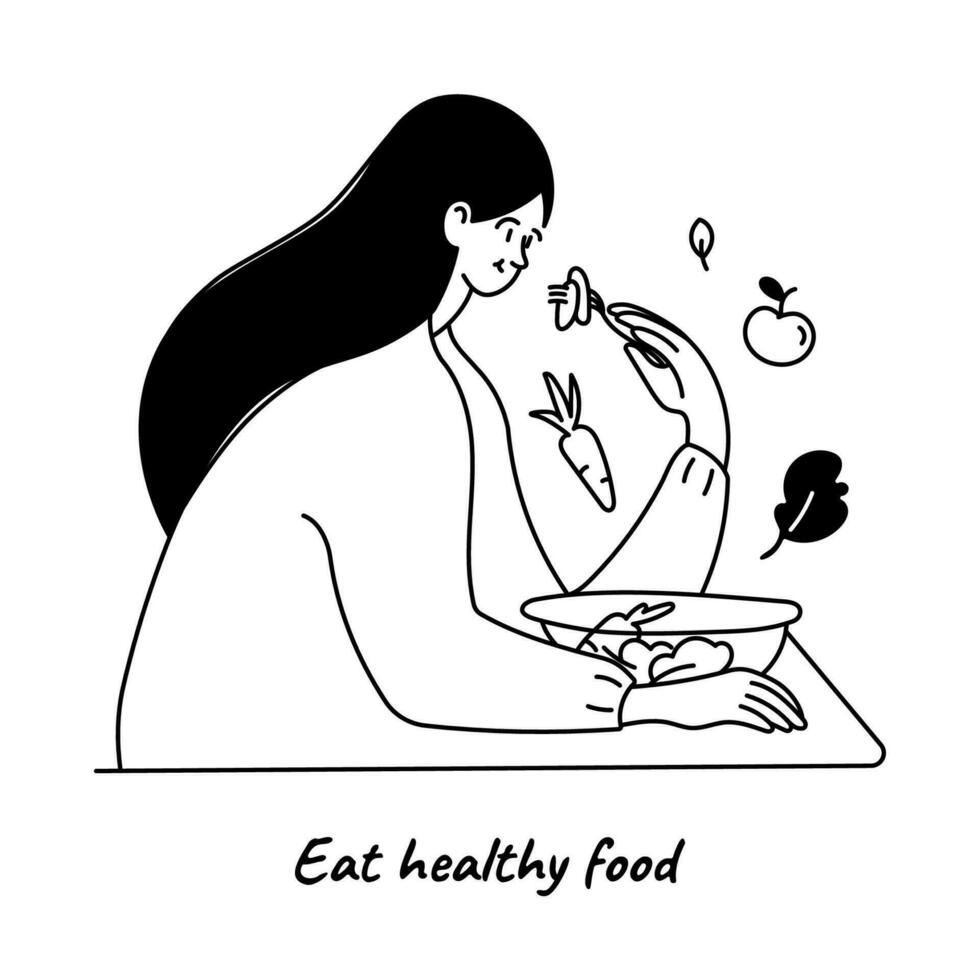 Frau Essen gesund vegan Essen von Schüssel von Salat, Früchte und Gemüse. gesund Lebensstil Gewicht Steuerung Konzept. schwarz und Weiß Linie Vektor Illustration auf Weiß Hintergrund.