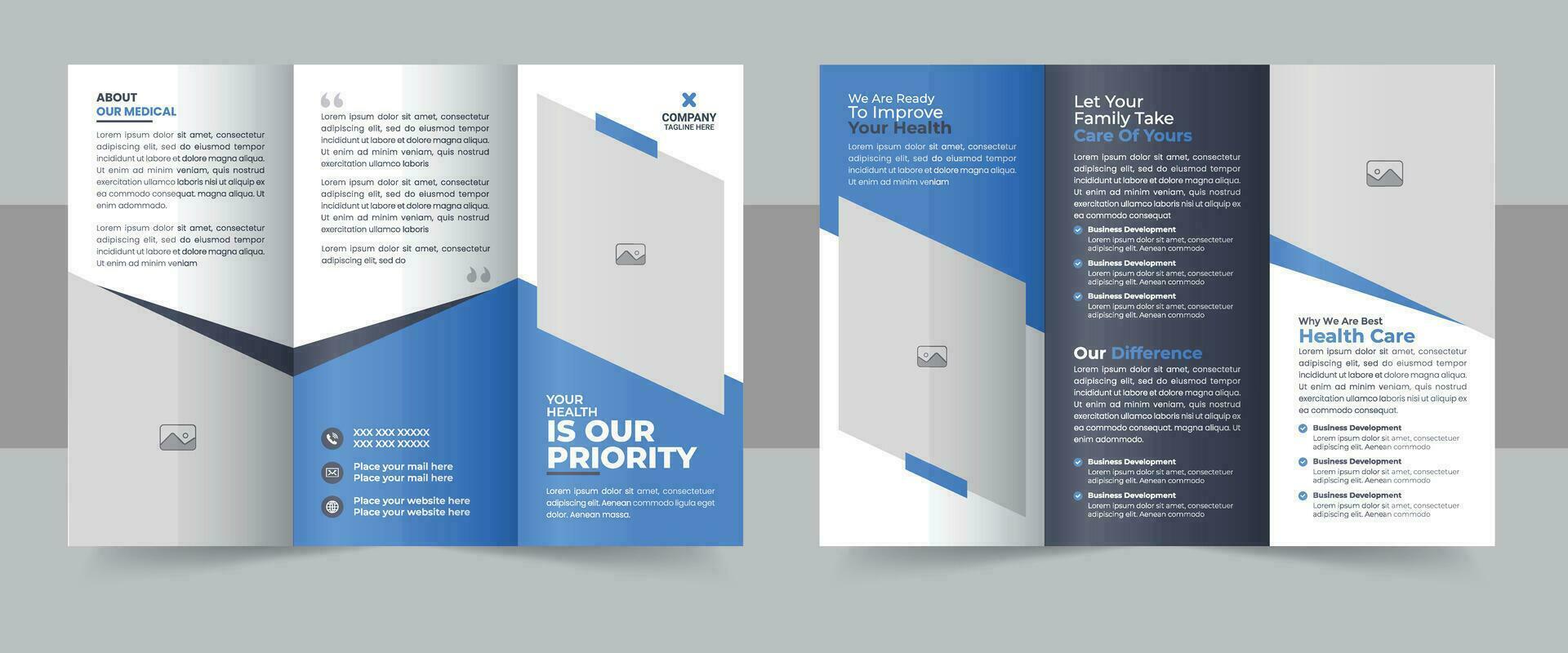 medicinsk klinik trifold broschyr layout, medicinsk eller sjukvård trifold broschyr mall vektor