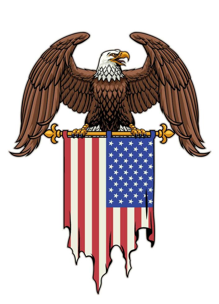 majestätisk amerikan Örn uppflugen på de amerikan flagga vektor