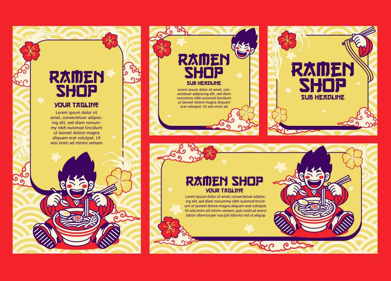 einstellen von süß japanisch Junge Bewertung Ramen Banner Vektor Illustration