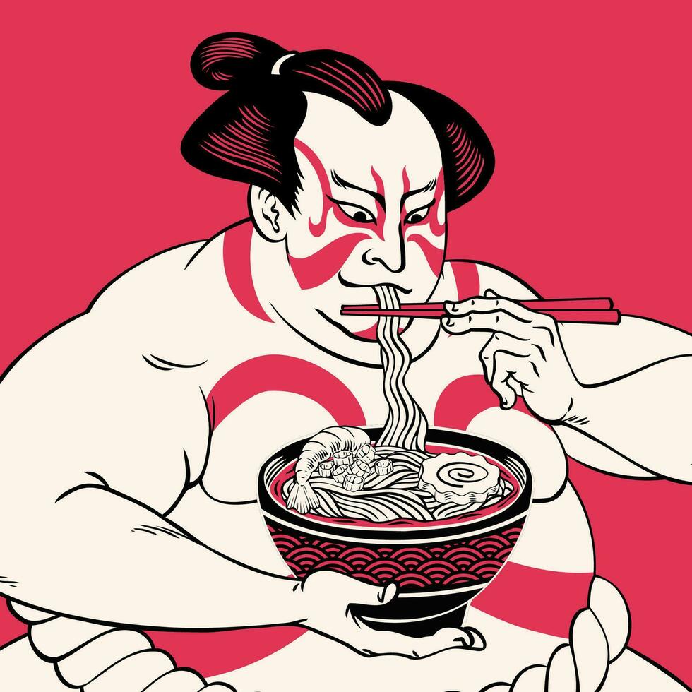 Lycklig sumo äter hans Ramen med ukiyo e stil illustration vektor