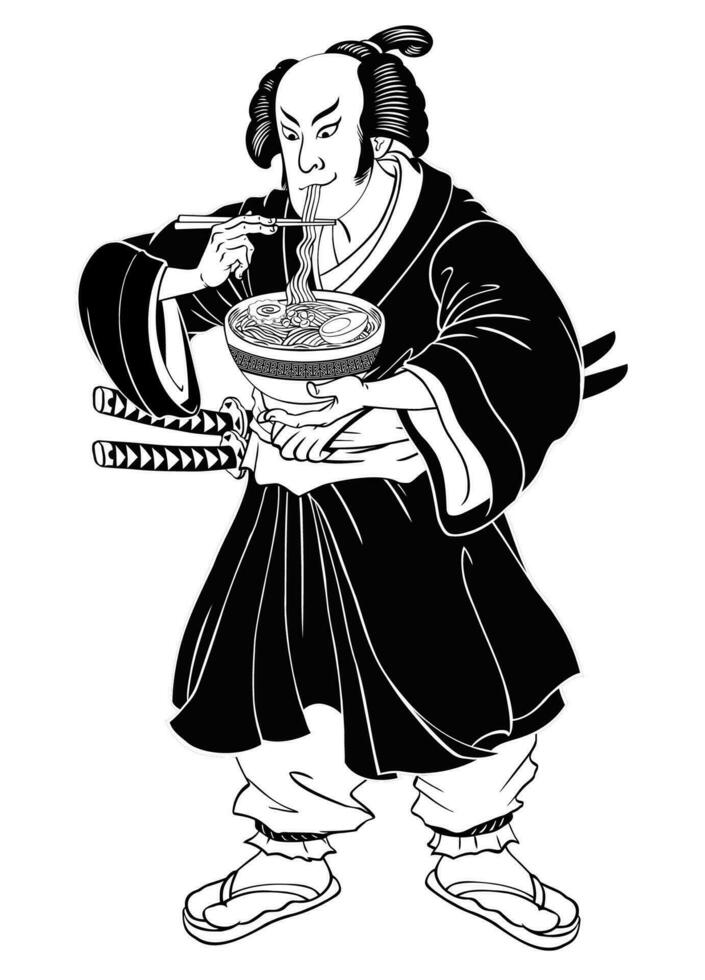 ukiyo e Stil von Hand gezeichnet Illustration von Mann Essen Ramen isoliert Vektor Illustration