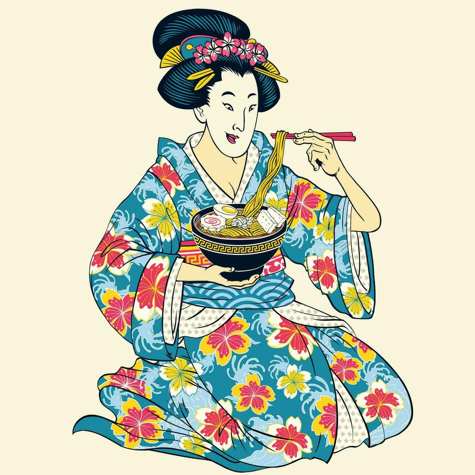 illustration av japansk geisha i kimono äter Ramen vektor