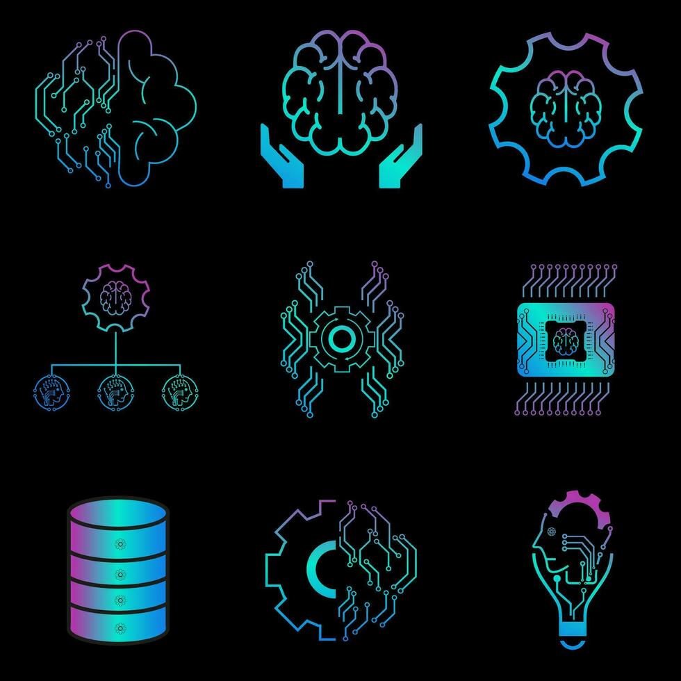 Technologie Symbole Vektor zum Gehirn ai Konzepte, und ai Vektor Design zum Webseite, ux und ui Stile, 9 Symbole von ai Generation Illustration Symbol, auf dunkel Hintergrund