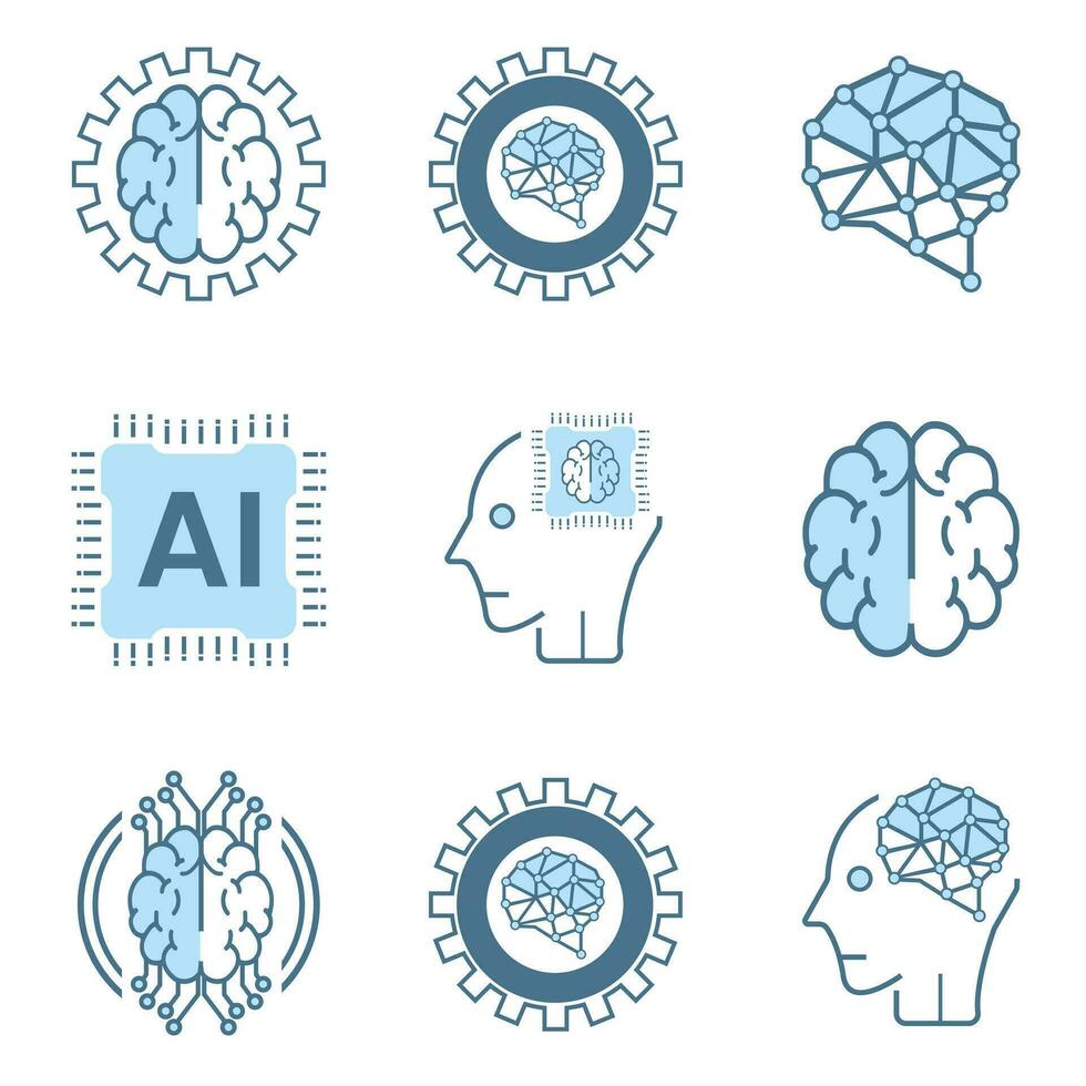 uppsättning av 9 ai ikoner, symboler. uppsättning av nio artificiell intelligens fodrad symbol blå, cybernetisk, ai, huvud, teknologi vektor, illustration design vektor