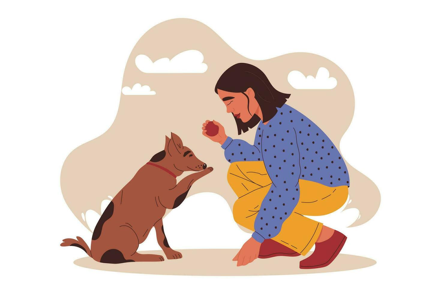 flicka spelar med henne hund med en pensling leksak. förebyggande plack och tartar Bygg upp. gummi sjukdom förebyggande. hund dental vård begrepp. vektor illustration