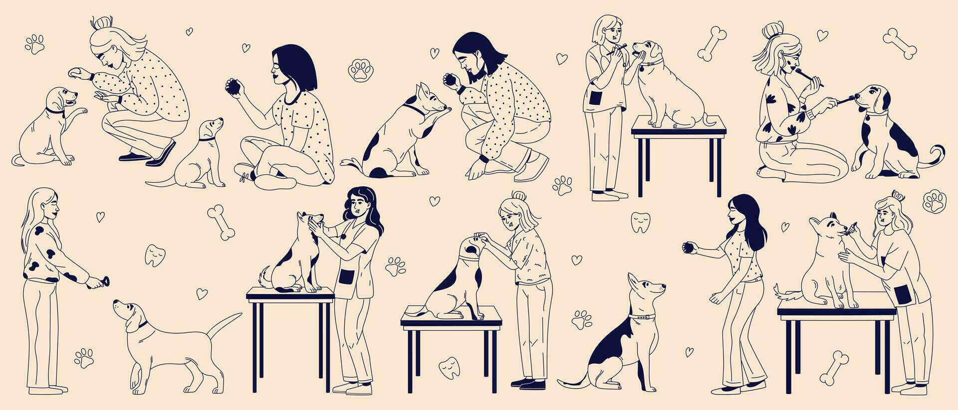 einstellen von Menschen Pflege zum Hunde Zähne. Besitzer und Tierärzte. Hund Dental Gesundheit. Eckzahn Dental Pflege und Hygiene Konzept. Vektor Illustration