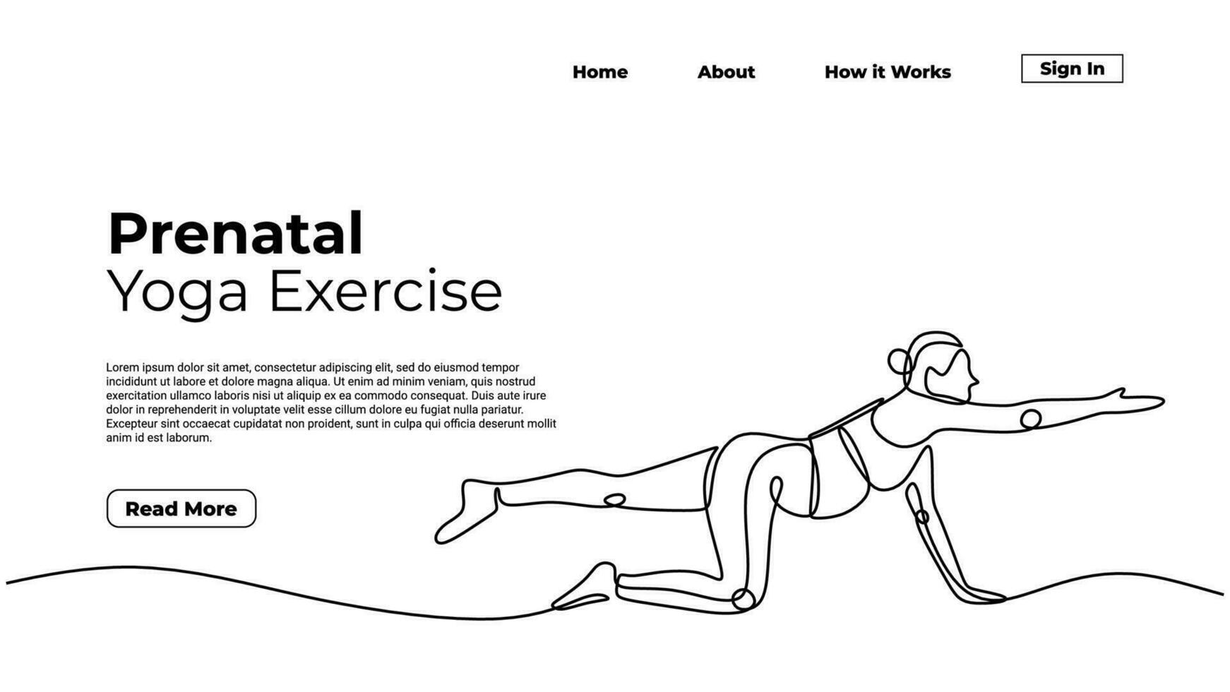 prenatal yoga kontinuerlig ett linje konst teckning. landning sida mall vektor