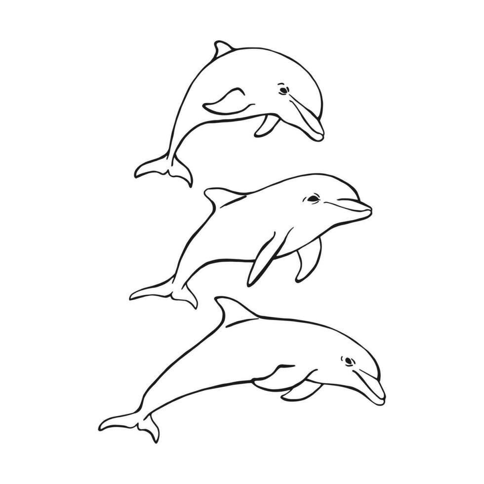uppsättning delfiner. handritad illustration konverterad till vektor. vektor med djur under vattnet.