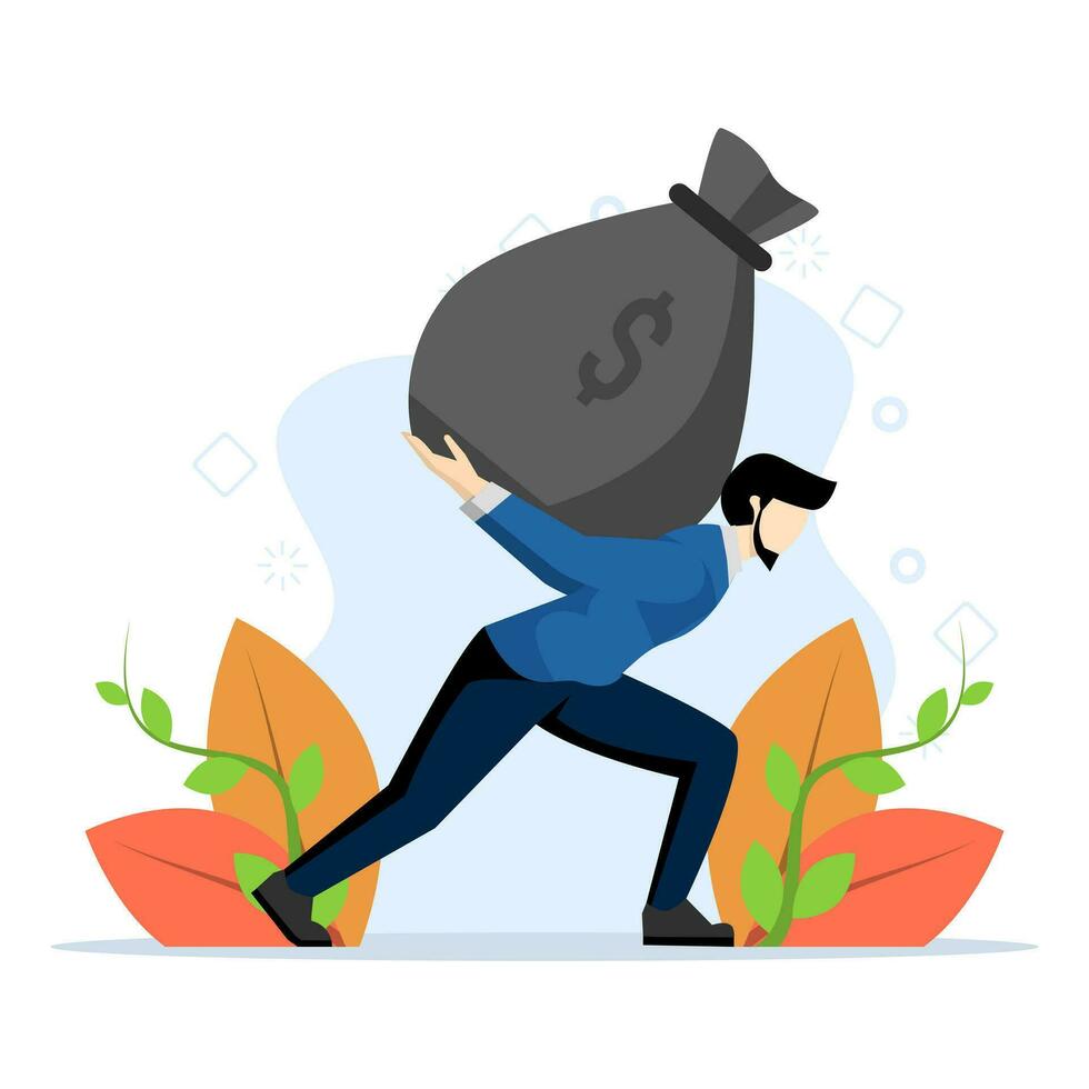 ein Geschäftsmann ist kämpfen zu tragen ein groß Tasche von Kasse mit ein Dollar Zeichen auf seine zurück. finanziell Erfolg, Speichern Geld. modern Charakter. eben Vektor Illustration auf ein Weiß Hintergrund.