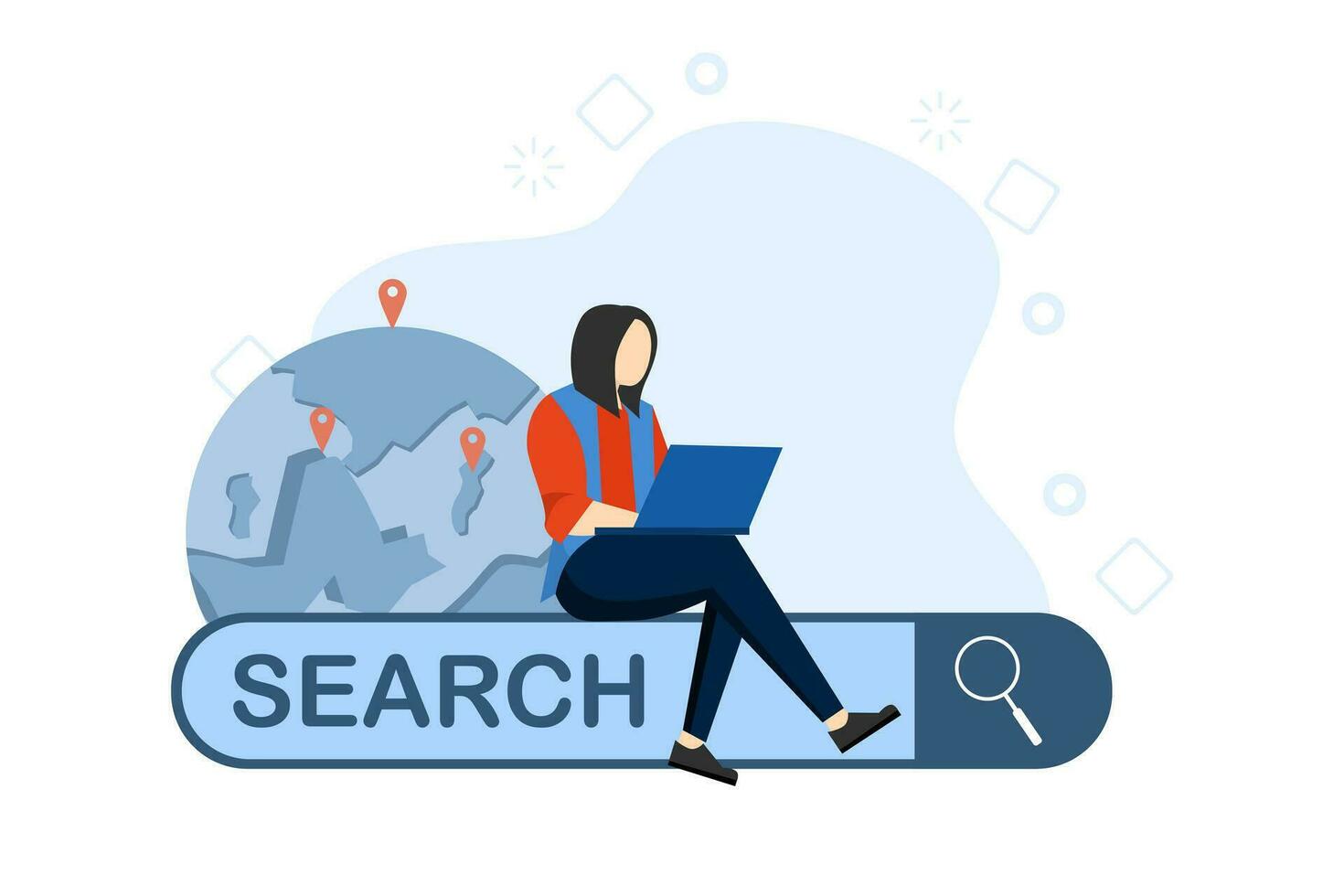 Netz Suche auf Internet, online Surfen, seo. Menschen Suche zum Information auf das Internet. Frau Surfen online mit Suche Bar. eben Vektor Illustration auf ein Weiß Hintergrund.