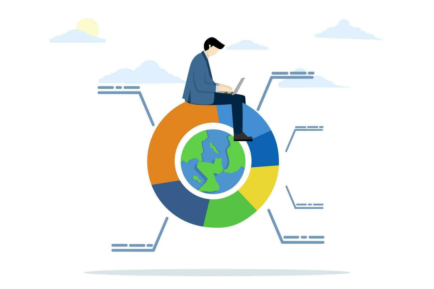 värld finansiera eller ekonomi begrepp, global portfölj tillgång tilldelning, värld stock marknadsföra investering, internationell marknadsföra dela med sig paj Diagram, affärsman arbetssätt med dator bärbar dator på värld paj Diagram. vektor