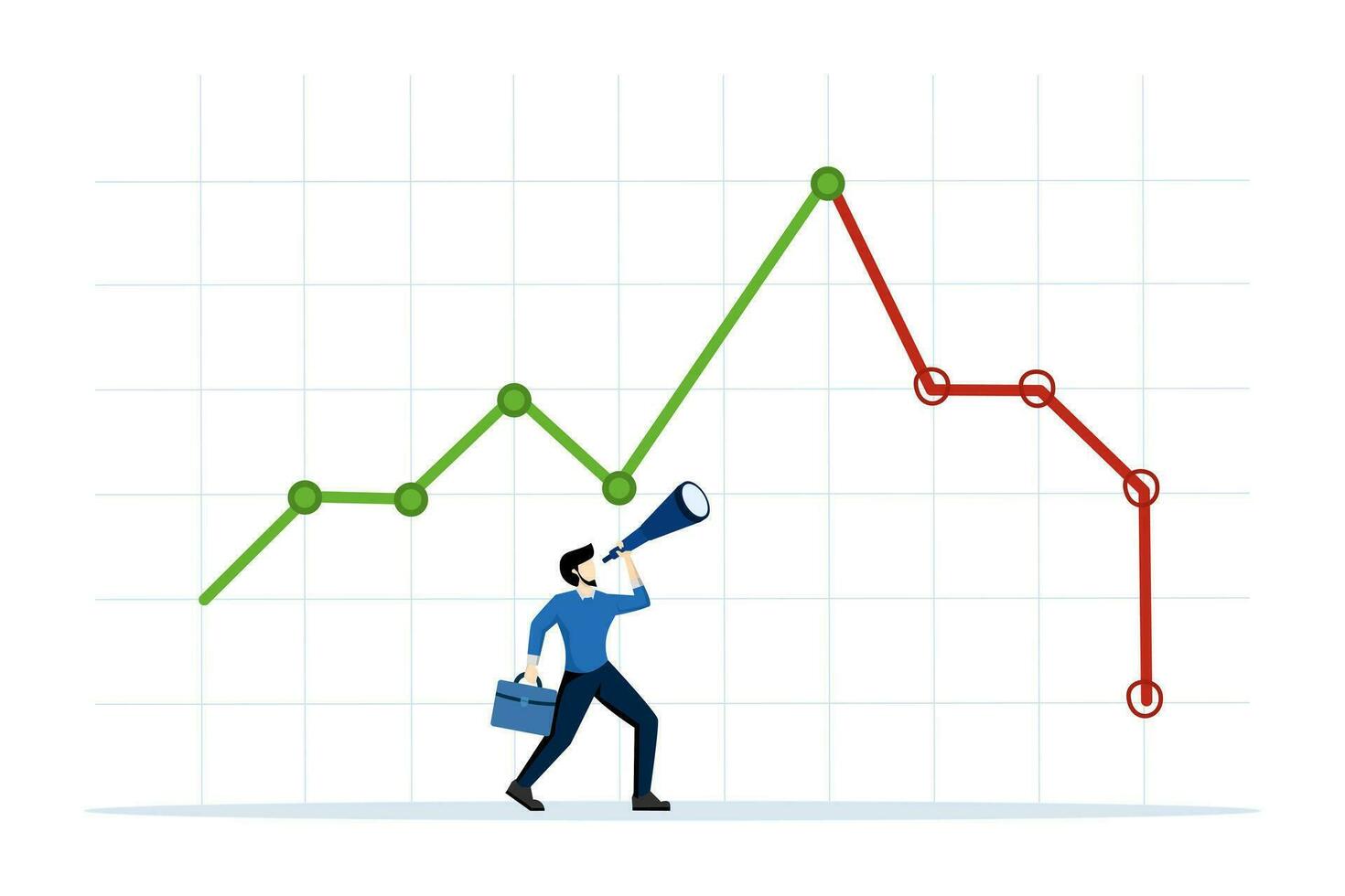 investering risk. stock marknadsföra pris förutsägelser. upptäckt inträde poäng till köpa eller sälja och göra en vinst. investerare använda sig av kikare till se stock marknadsföra priser. platt vektor illustration.