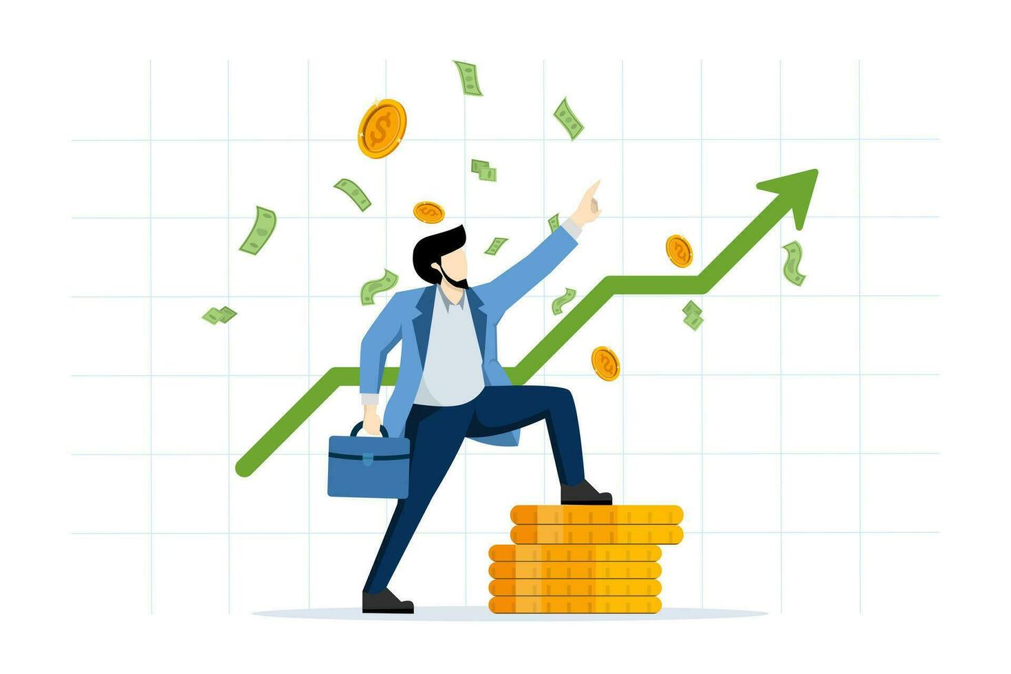 framgångsrik handlare göra vinster förbi handel investeringar. stock eller kryptovaluta marknadsföra Framgång. investering Framgång. affärsman pekande upp med stigande grön Graf. platt vektor illustration.