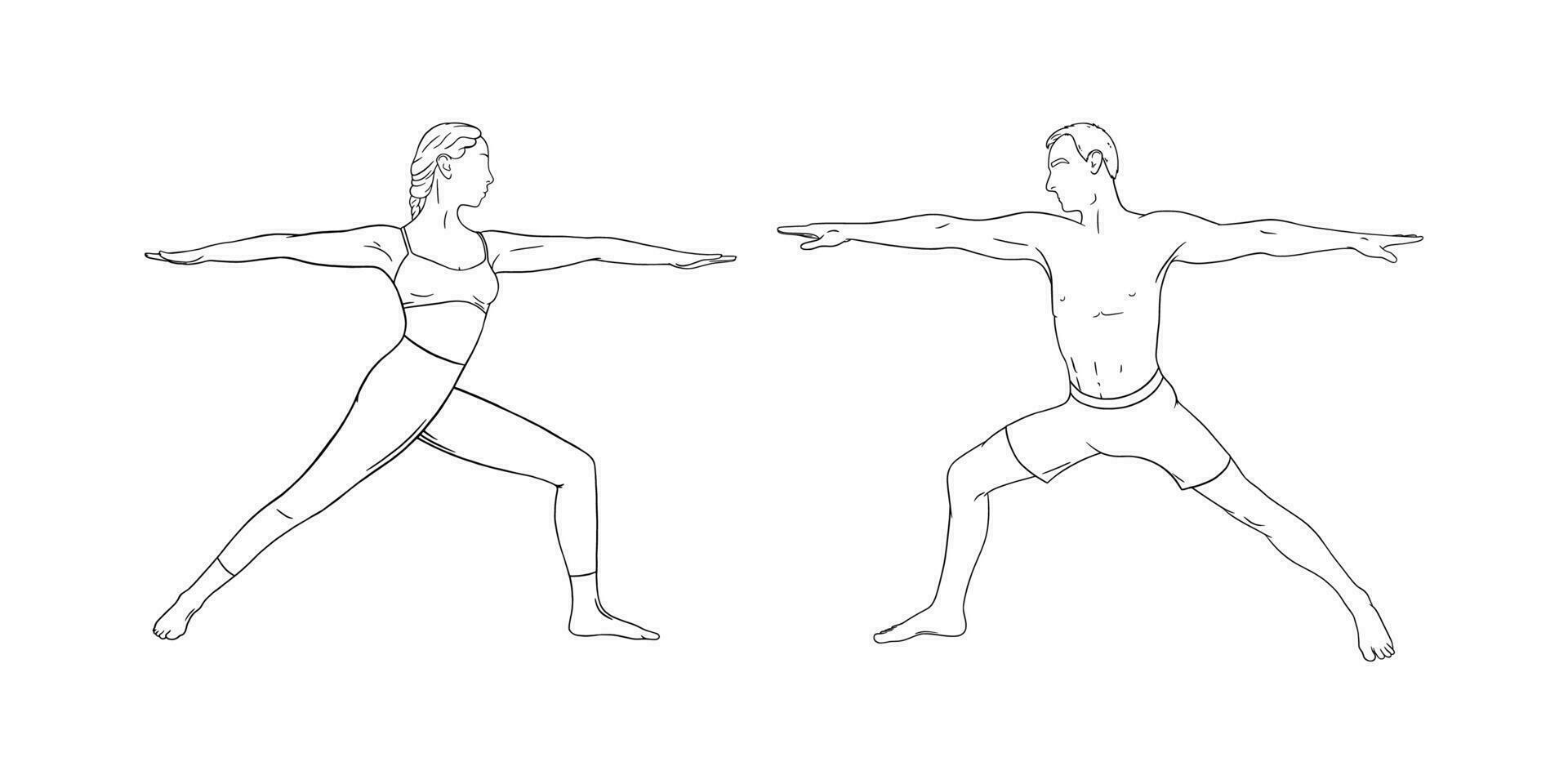 yoga krigare asana eller virabhadrasana i. kvinna och man praktiserande yoga asana. hand dragen vektor illustration