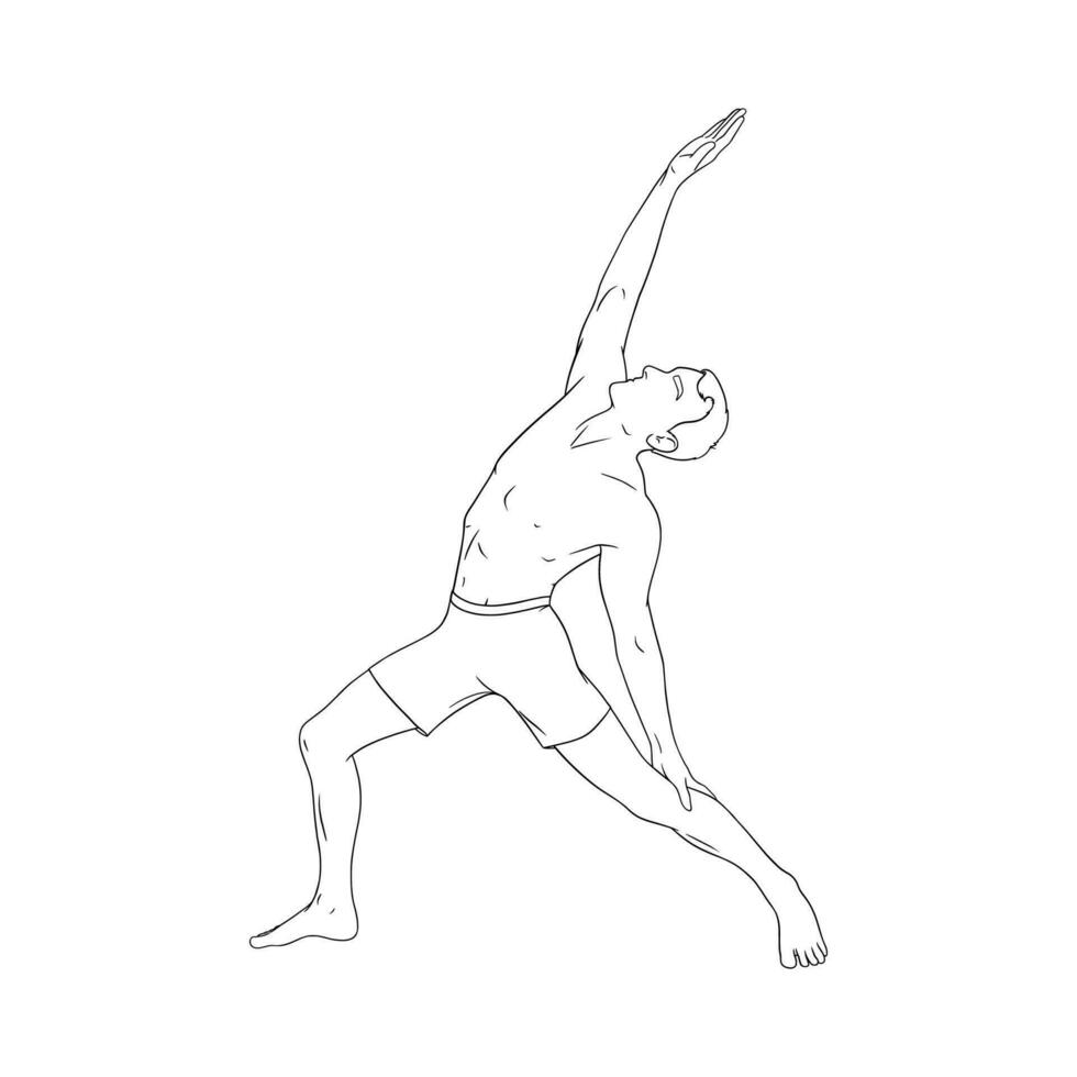 yoga fredlig krigare asana eller viparita virabhadrasana. man praktiserande yoga asana. graverat vektor illustration