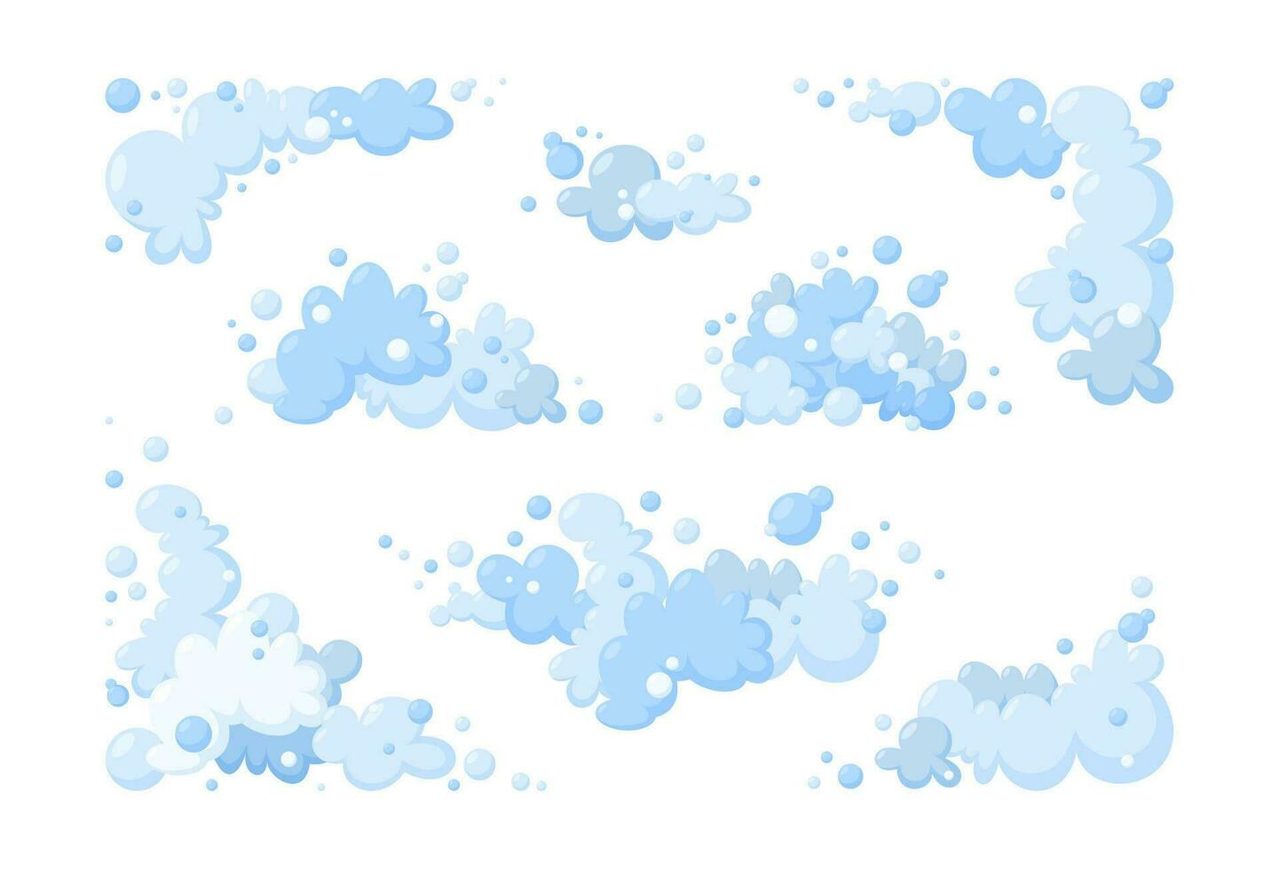 Schaum gemacht von Seife oder Wolken. groß einstellen von Blau Schaum und Luftblasen von anders Formen. wolkig Rahmen und Ecken. Vektor Illustration