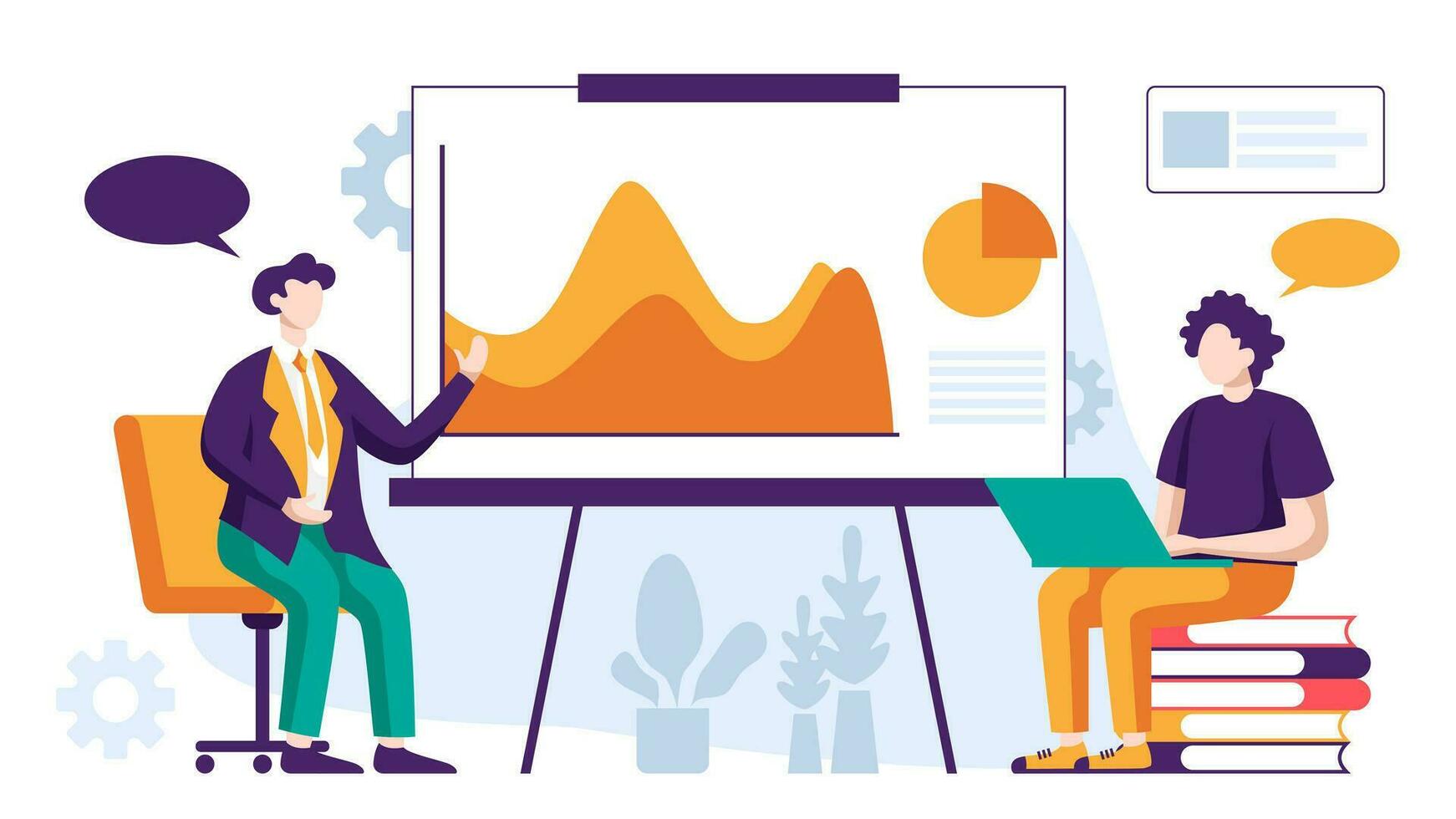 företag människor är arbetssätt tillsammans håller på med möte, rapportering data och brainstorming handla om marknadsföring strategi i kontor på vit bakgrund vektor illustration begrepp i platt design stil