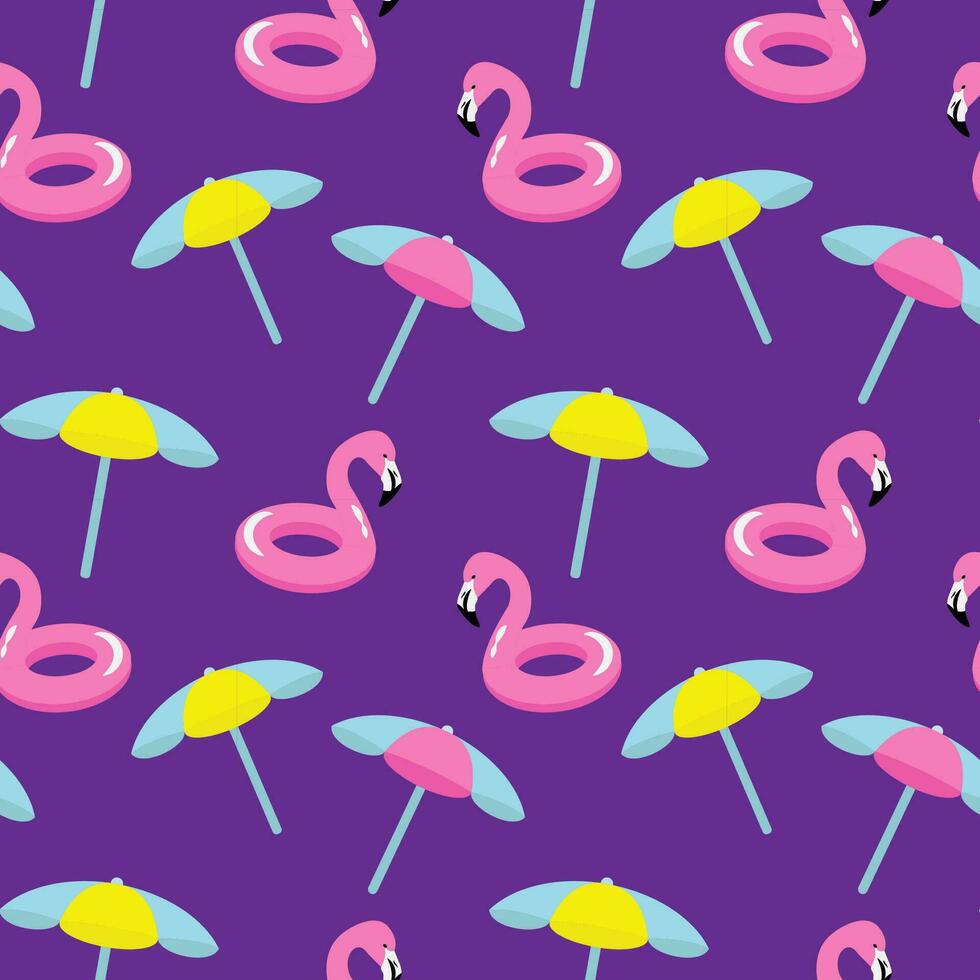 flamingo livbojar på simning slå samman bakgrund. redigerbar vektor illustration tapet för textil. strand paraply.