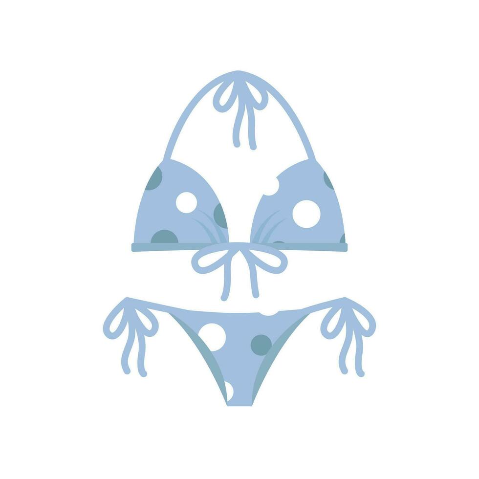 eben Vektor Karikatur stilvoll Badeanzüge im verschiedene Formen und Farben, isoliert auf ein Weiß Hintergrund. Mode Damen Badebekleidung und Blau Bikinis oben und Unterseite. Sommer- Strand Jahreszeit.