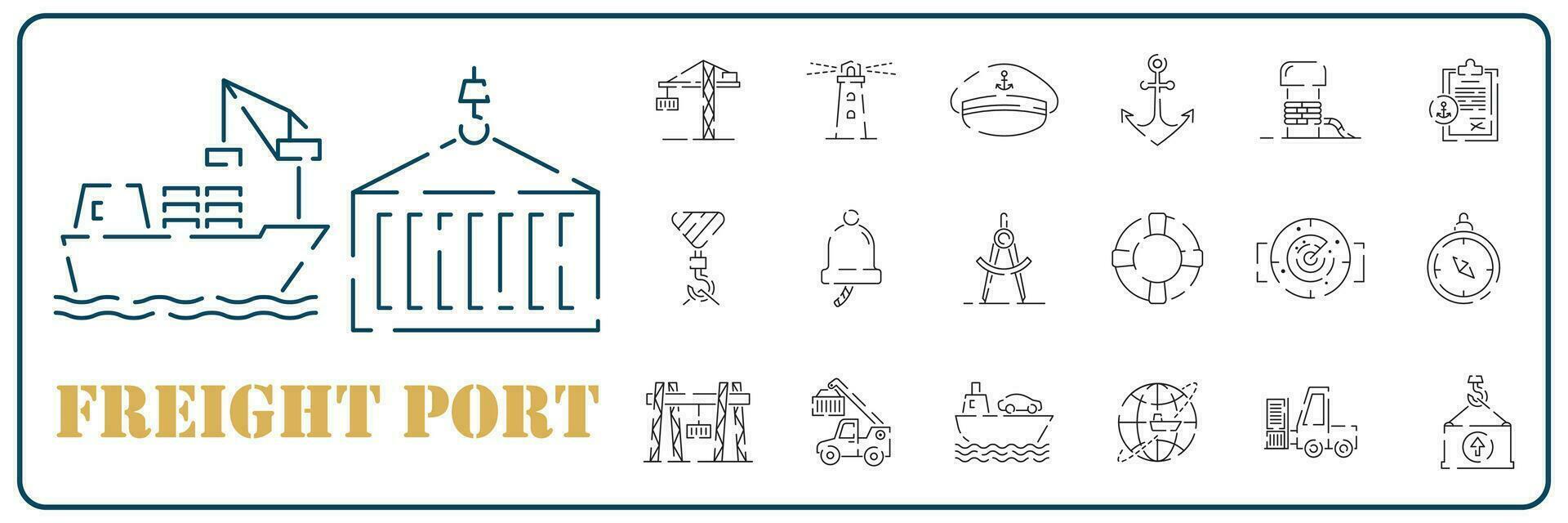 sjöstad, linje ikon uppsättning. Utrustning för de frakt industri. marin hamn och frakt fartyg. logistik. transport fartyg leverans. vektor