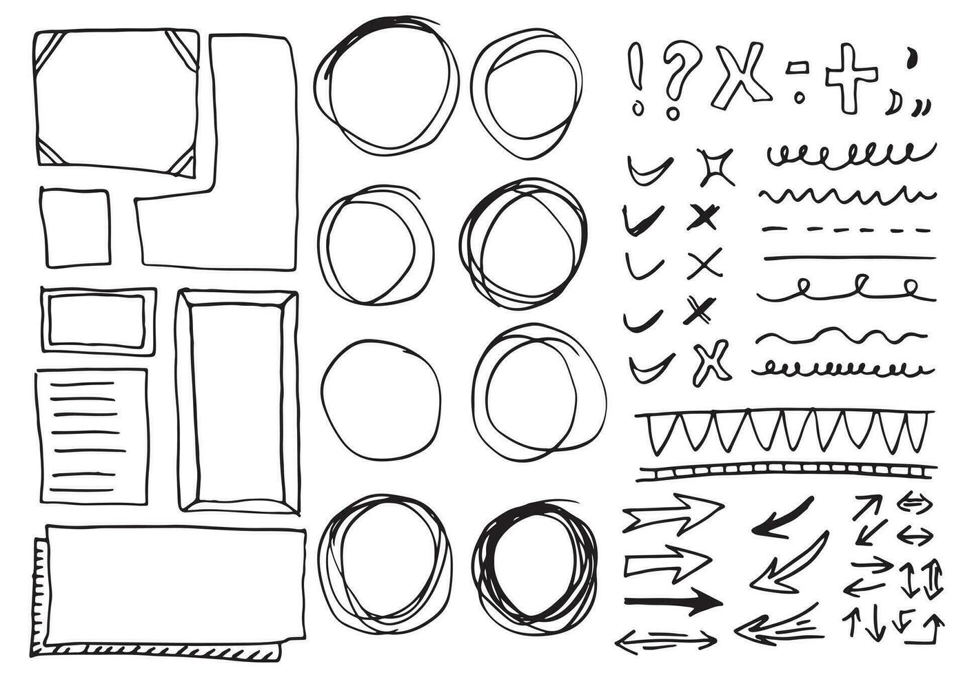 gekritzelvektorlinien und kurven. handgezeichnete scheck- und pfeilzeichen. satz einfacher kritzellinien, kurven, rahmen und punkte. Sammlung von Bleistifteffekten. Doodle-Grenze. einfaches Doodle-Set. vektor