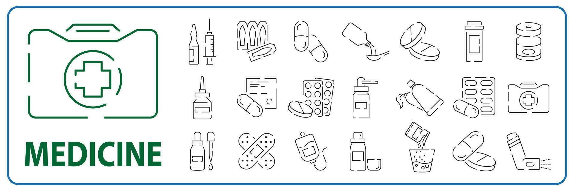 einfach einstellen von medizinisch Drogen verbunden Vektor Linie Symbole. Medizin Gesundheit Apotheke und Krankenhaus. enthält eine solche Symbole wie Verschreibung, Inhalator, Pille und mehr.