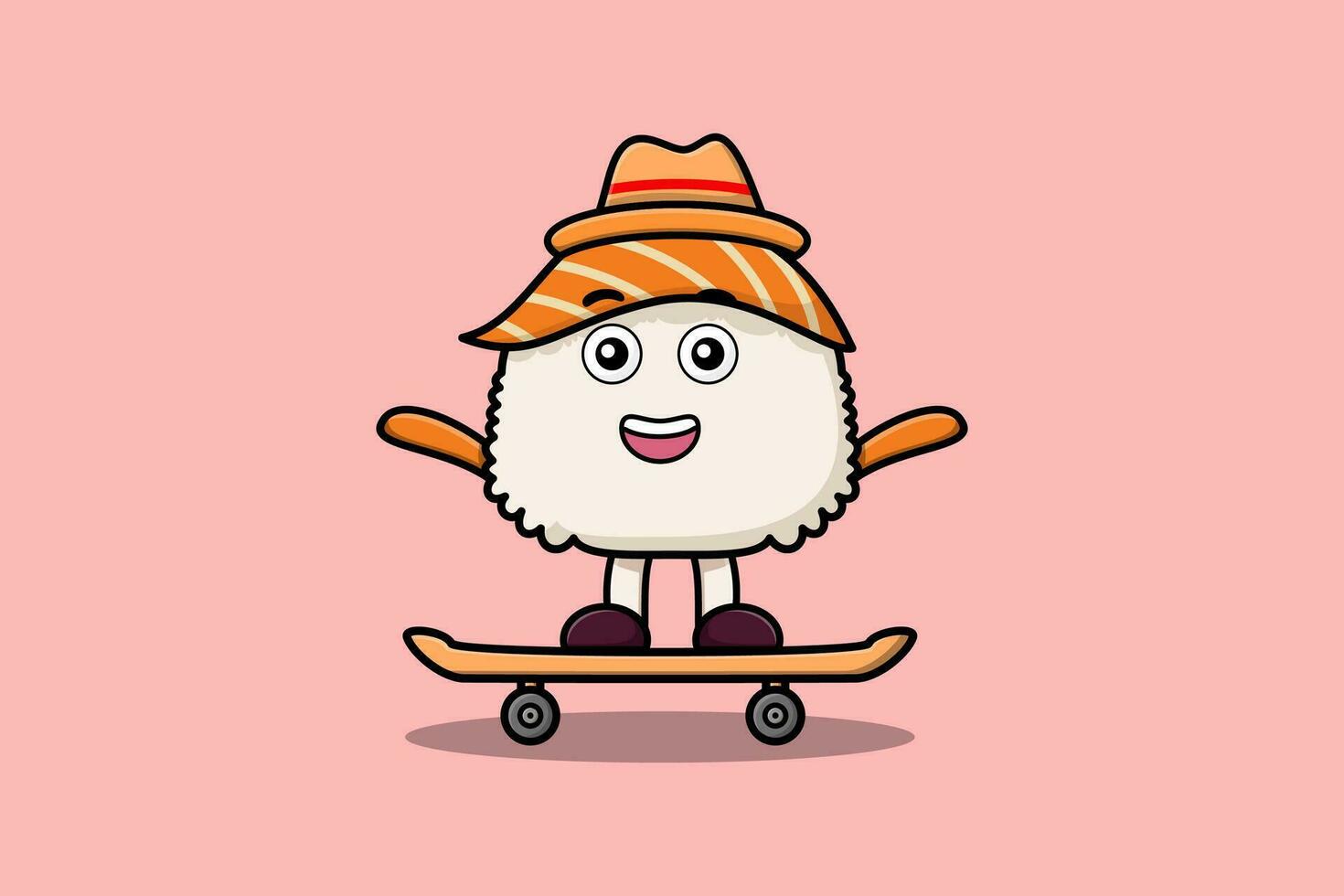 süßes cartoon-sushi, das auf skateboard steht vektor
