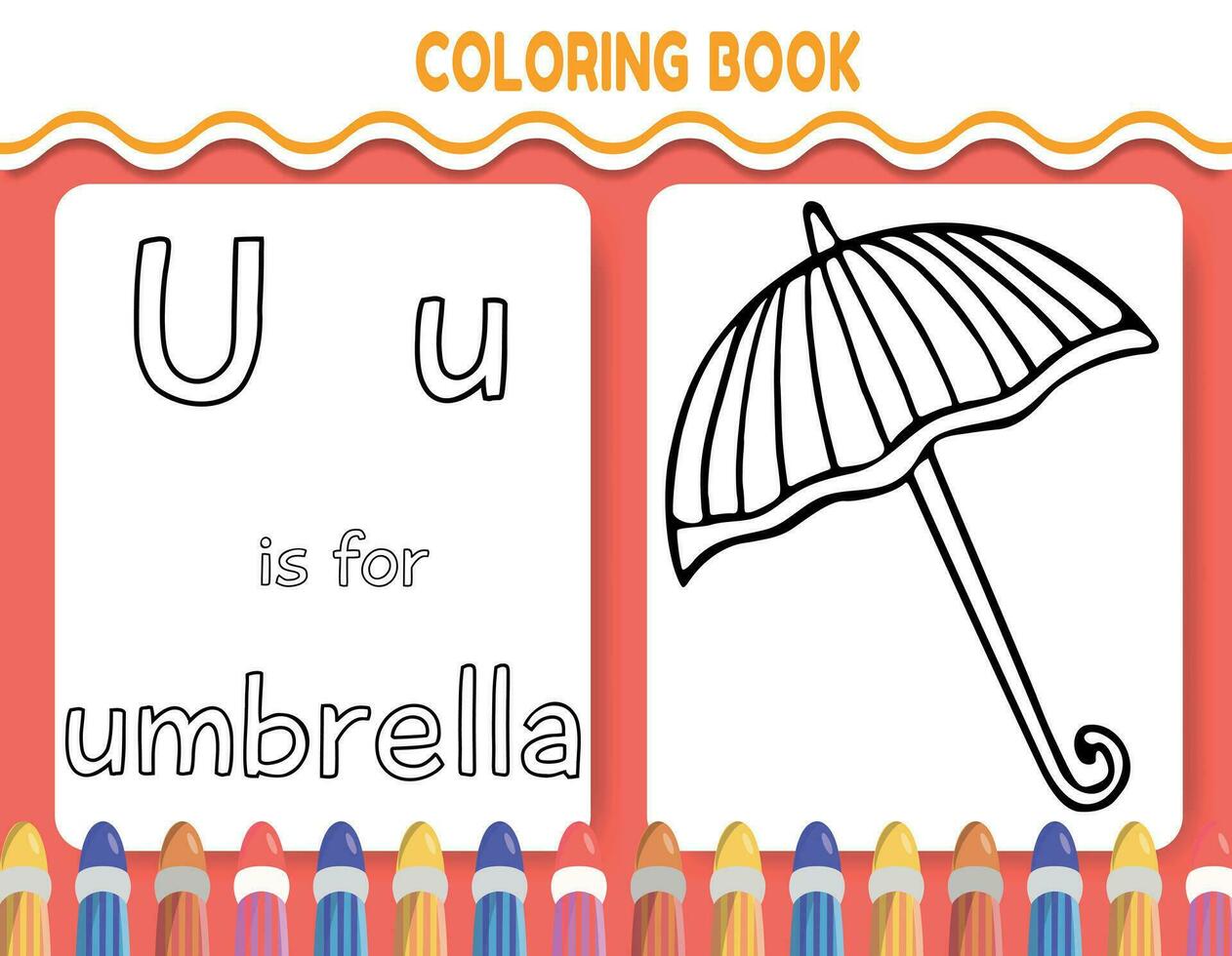 Kinder Alphabet Färbung Buch Seite mit umrissen Clip Art zu Farbe. das Brief u ist zum Regenschirm. vektor