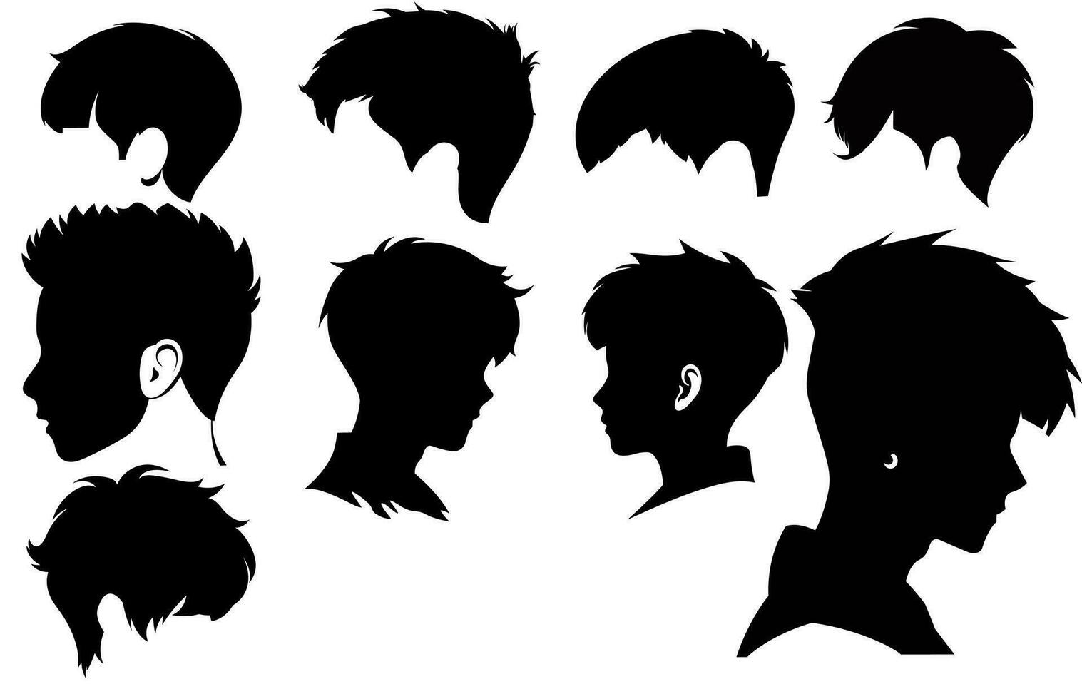 Besatzung Schnitt Haar Stil Silhouette Clipart, trendig stilvoll Mann Haare, gesetzt von Männer Haar Stile und Haar schneidet, vektor