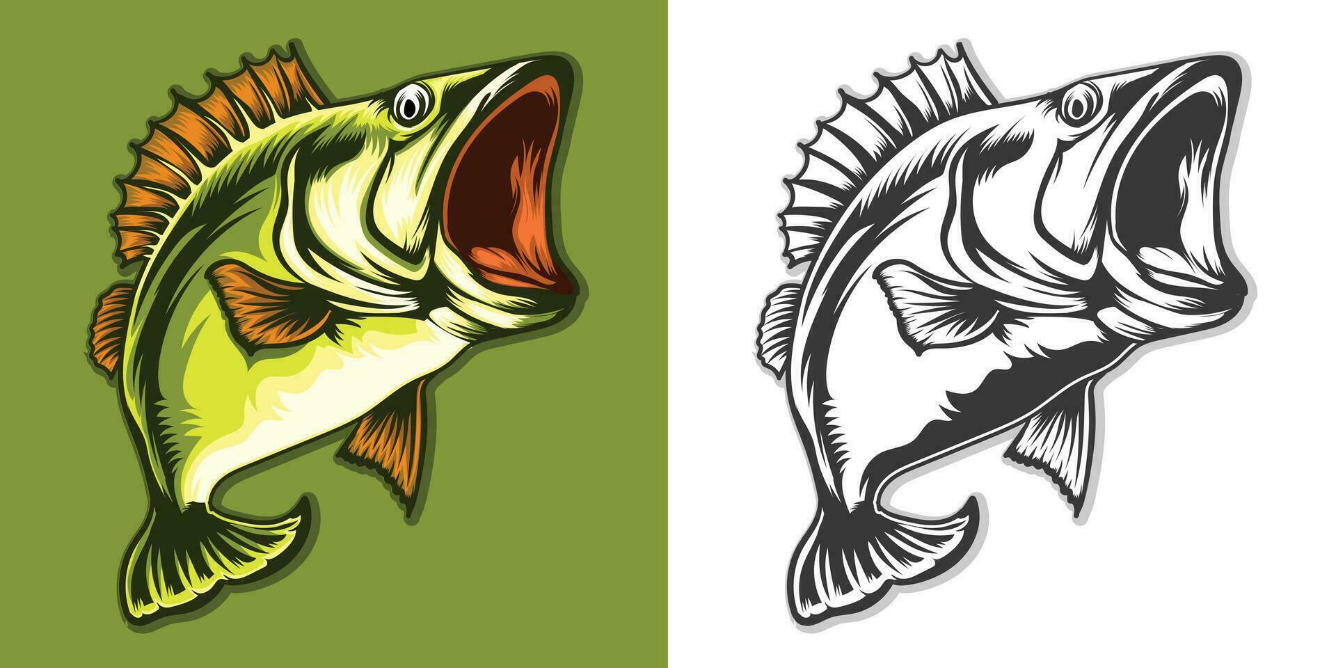stor bas fisk färgrik illustration och svart uppsättning vektor design.