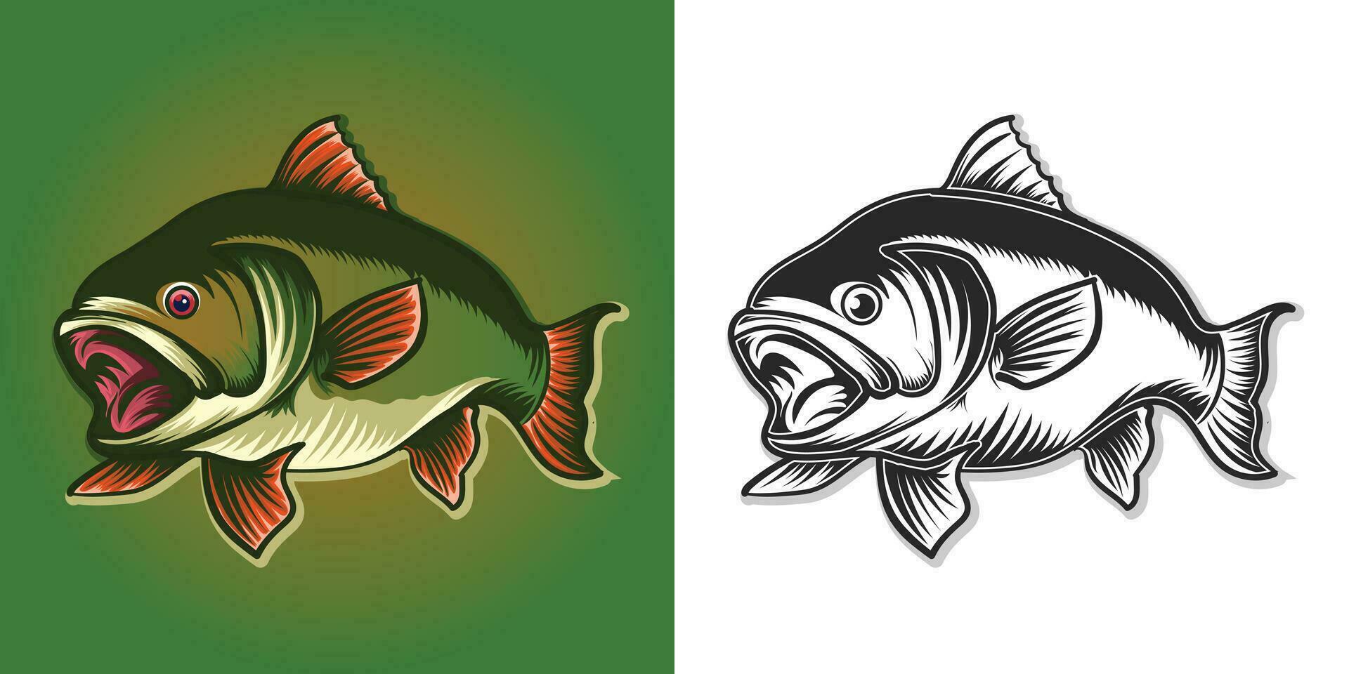 groß Mund Fisch Vektor Design Illustration einstellen mit schwarz und Weiß.