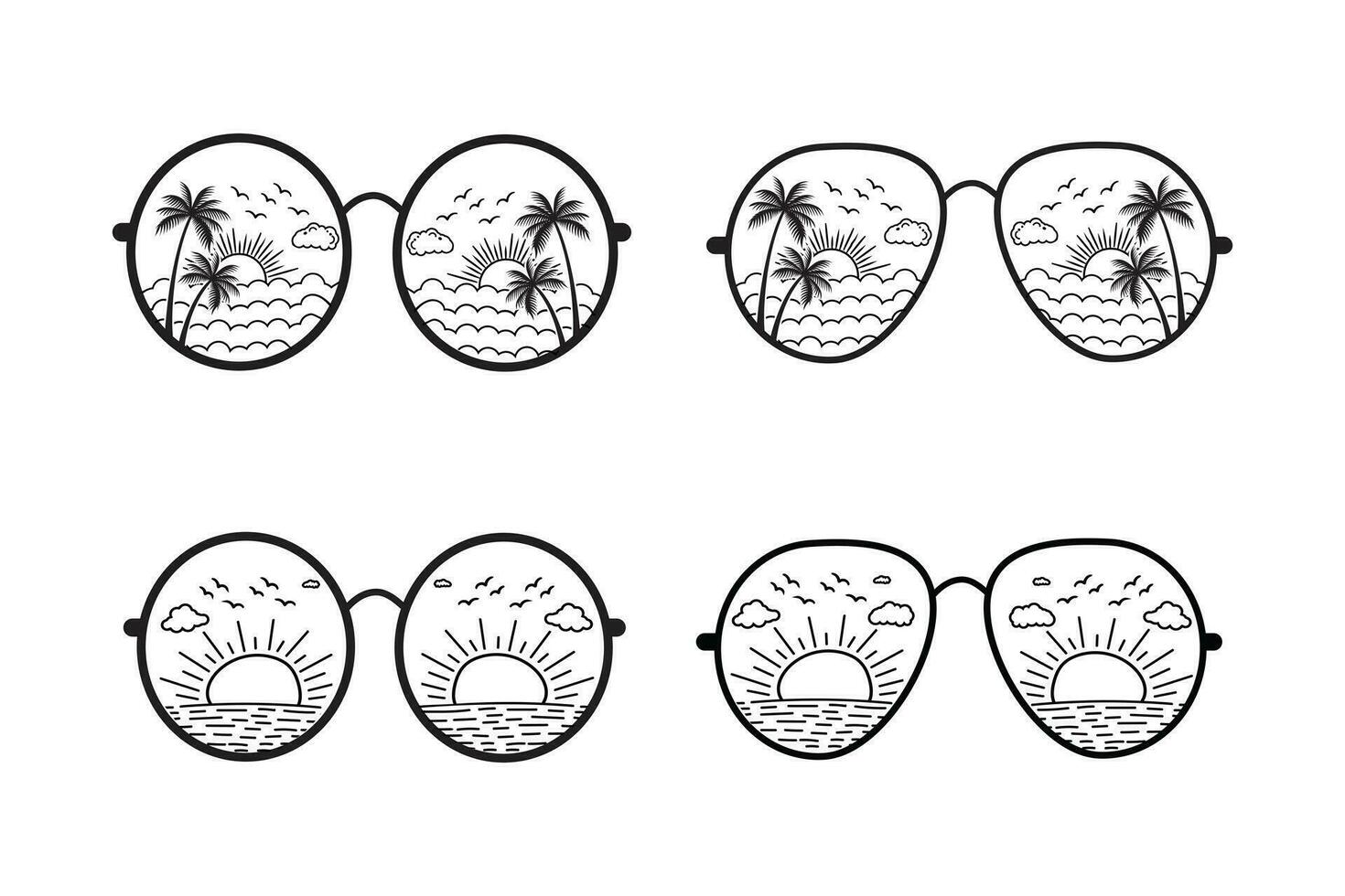 Linie Kunst Strand Betrachtung Sonnenbrille Vektor T-Shirt Design Element, Sonnenaufgang Sonnenschein Welle Gliederung Stil, Sommer- Ferien mit Palme Bäume Brille Symbol, Sommer modisch drucken