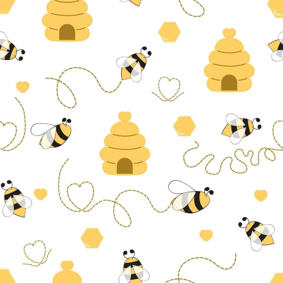 sömlös mönster med bi honung hjärta tillverkad i gul färger söt bakgrund i barn tecknad serie stil vektor illustration. tyg textil- design för bebis eller flicka trasa tapet slå in omslag omslag paket
