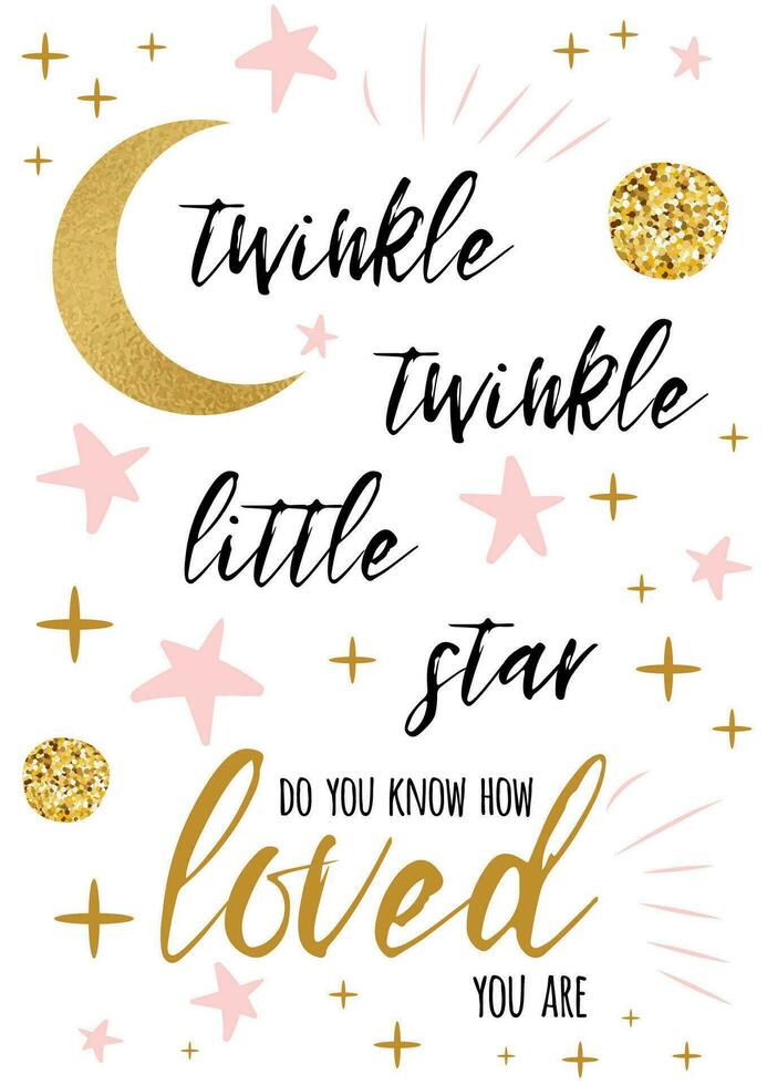 funkeln funkeln wenig Star Text mit süß Gold, Rosa Farben zum Mädchen Baby Dusche Karte Vorlage Vektor Illustration. Banner zum Kinder Geburtstag Design, Logo, Etikett, Zeichen, drucken. inspirierend Zitat