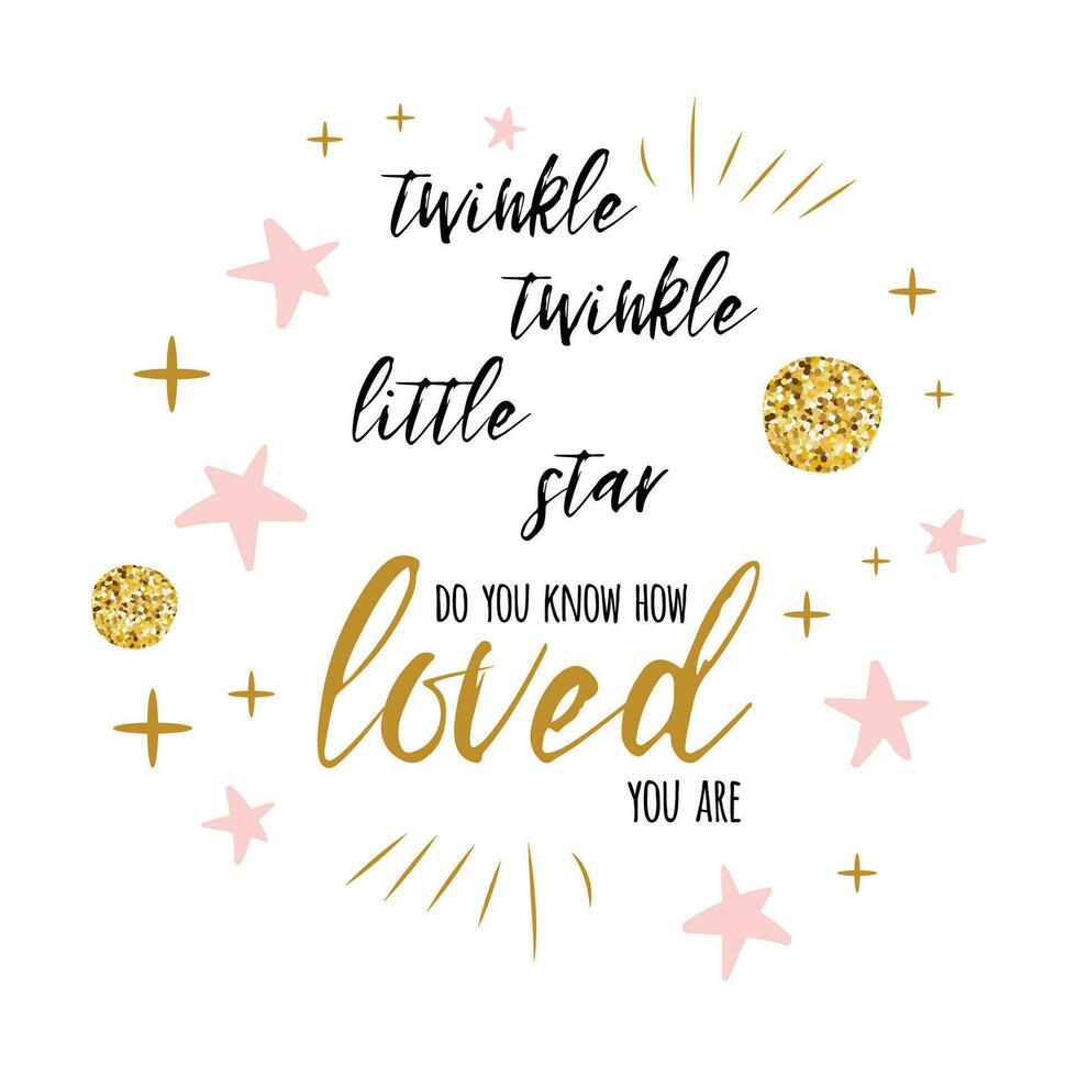 funkeln funkeln wenig Star Text mit süß Gold, Rosa Farben zum Mädchen Baby Dusche Karte Vorlage Vektor Illustration. Banner zum Kinder Geburtstag Design, Logo, Etikett, Zeichen, drucken. inspirierend Zitat