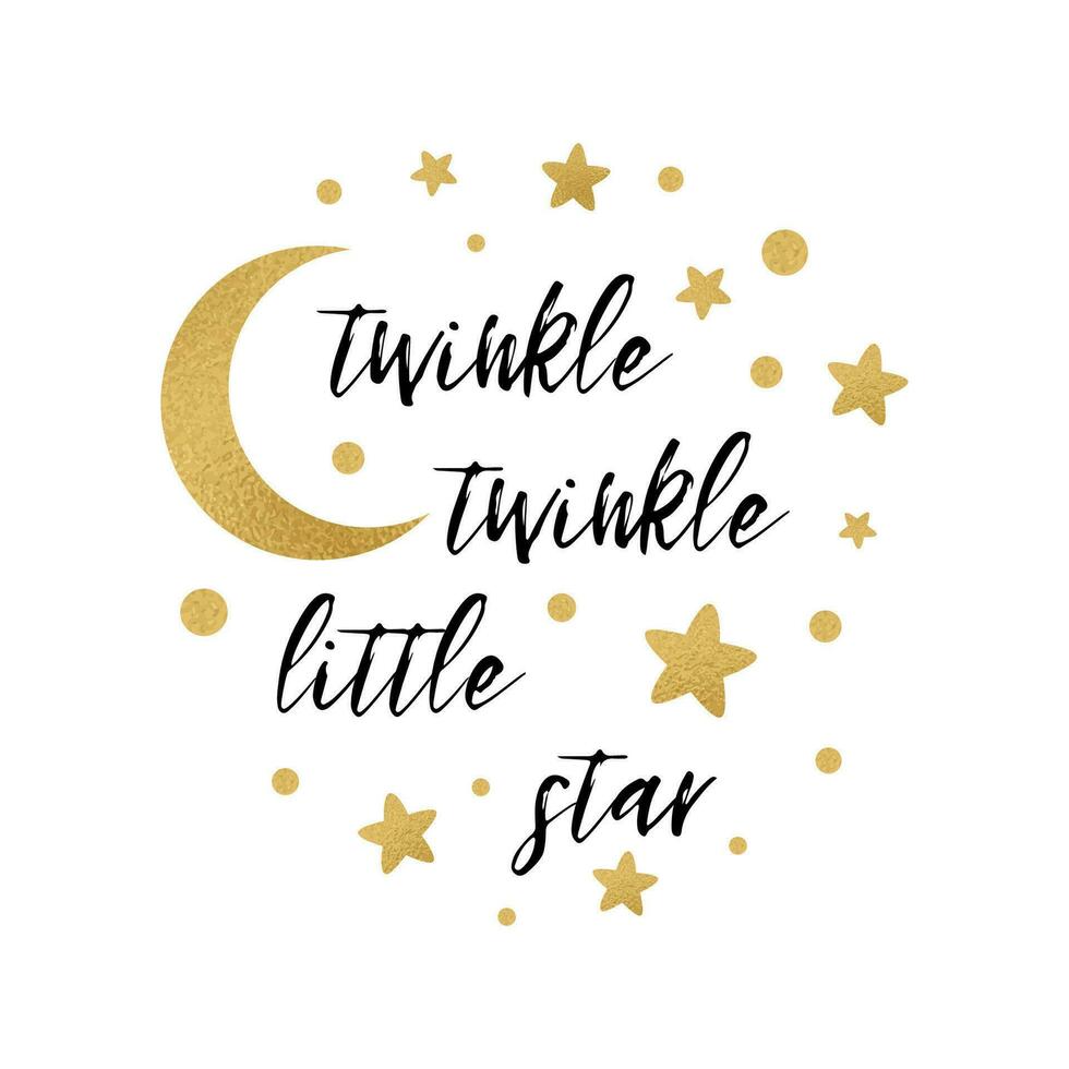 funkeln funkeln wenig Star Text mit süß Gold Star und Mond zum Mädchen Baby Dusche Karte Vorlage Vektor Illustration. Banner zum Kinder Geburtstag Design, Logo, Etikett, Zeichen, drucken. inspirierend Zitat