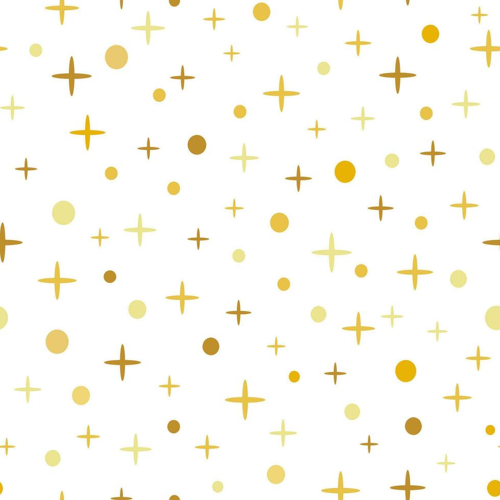 ljus sömlös mönster dekorerad gyllene stjärnor gul polkda punkt på vit. vektor illustration tapet, slå in, tyg, textil, trasa eller paket design. bebis dusch bakgrund eller inbjudan mall