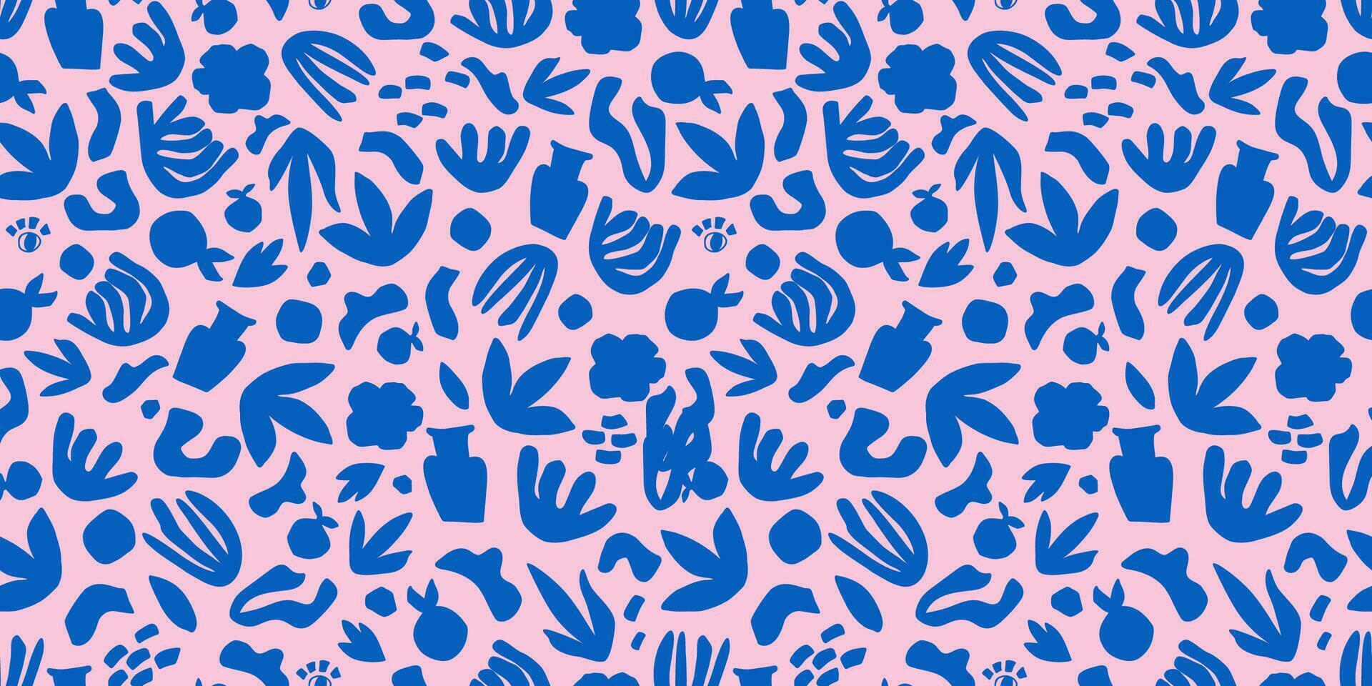 matisse abstrakt modern konst sömlös mönster med blå geometrisk botanisk former, löv på rosa bakgrund. vektor upprepa skriva ut. blommig organisk textil- design. hand dragen enkel collage Skära ut dekor