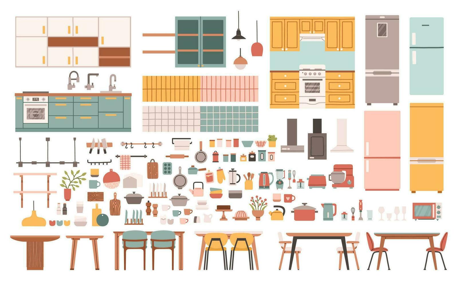 kök dining element uppsättning. söt kök dekor. Hem verktyg. matlagning möbel. kylskåp och ugn. scandinavian köksutrustning hyllor. handfat och mikrovågsugn. isolerat platt hushåll objekt. vektor
