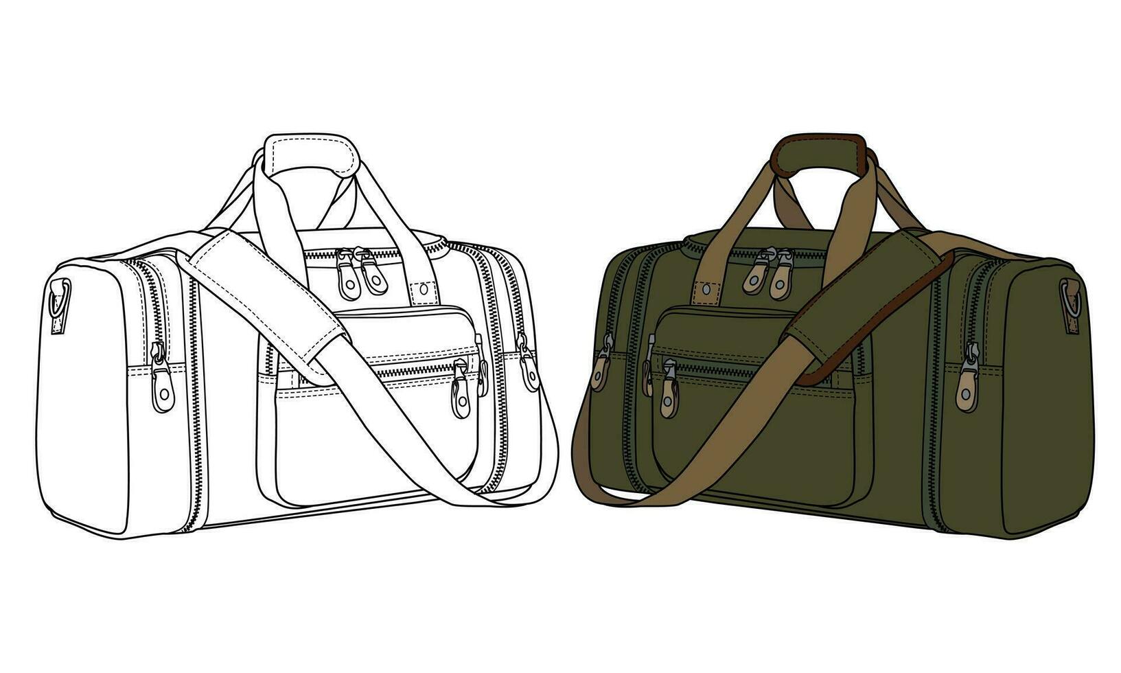 uppsättning av duffel väska, platt skiss mode illustration teckning mall falsk upp, sport duffel väska cad teckning, tunna väska platt skiss vektor. vektor