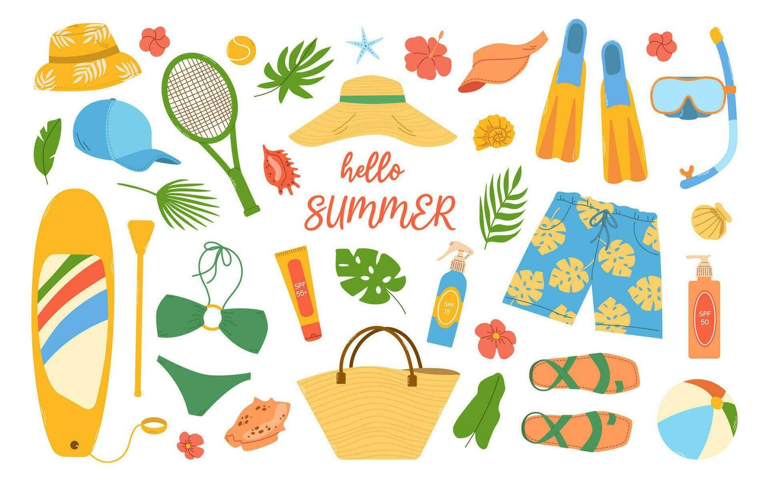 groß einstellen weiblich und männlich Strand Sommer- Artikel. Badeanzug, Hut, Schuhe, Tasche, Sahne spf, sup Planke, Tennis Schläger, Maske und Flossen. eben Hand gezeichnet bunt Vektor Illustration isoliert auf Weiß Hintergrund.