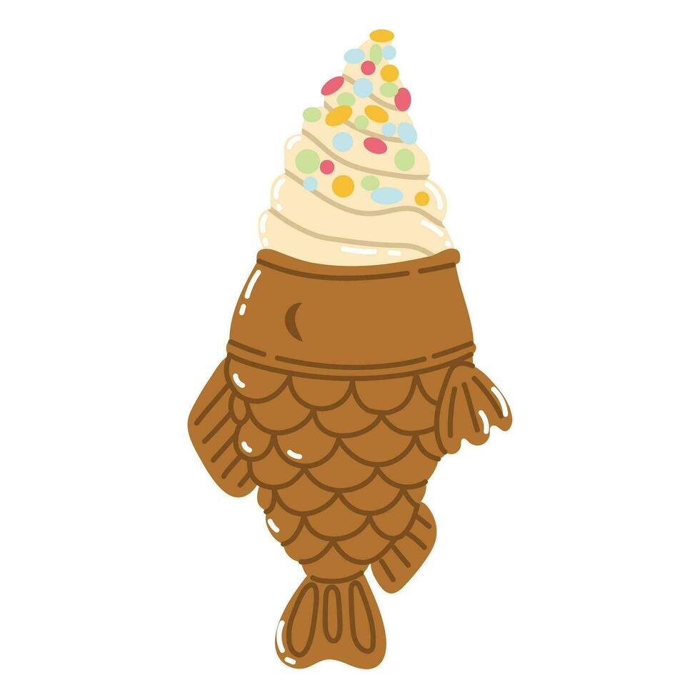 isoliert Karikatur bunt Dessert Taiyaki im gestalten Waffel Fisch mit Vanille Eis Sahne im eben Vektor Stil auf Weiß Hintergrund. Sommer- Lebensmittel.