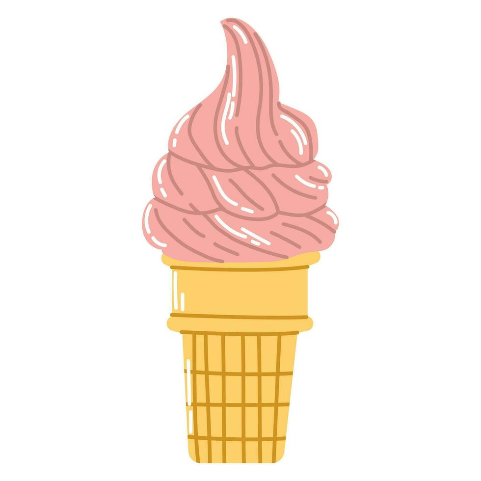isolerat tecknad serie rosa is grädde i en våffla kon i platt vektor stil på vit bakgrund. sommar mat.