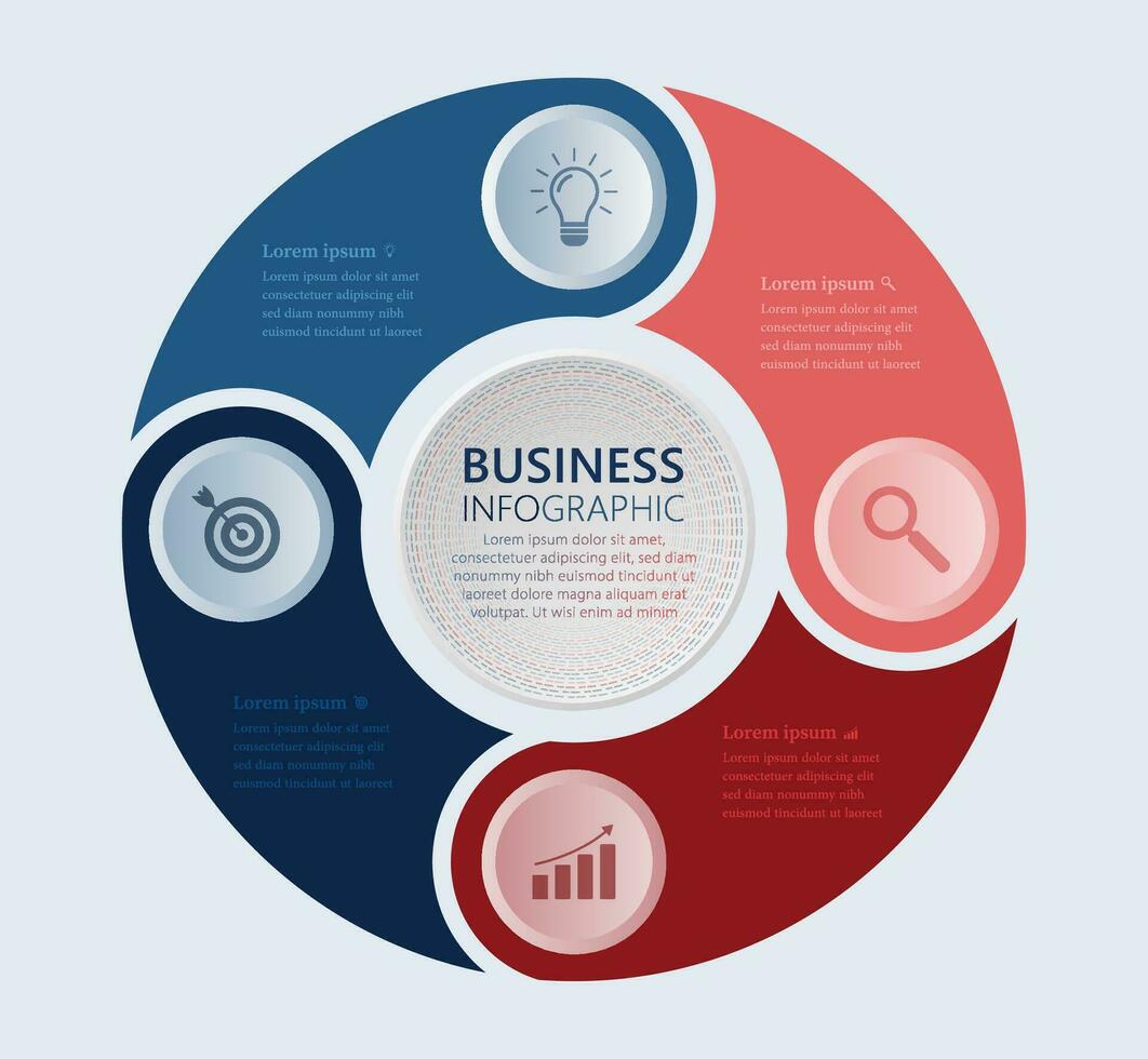 fyra steg företag infographic mall, cirklar inuti cirkel reklam paj Diagram diagram presentation vektor