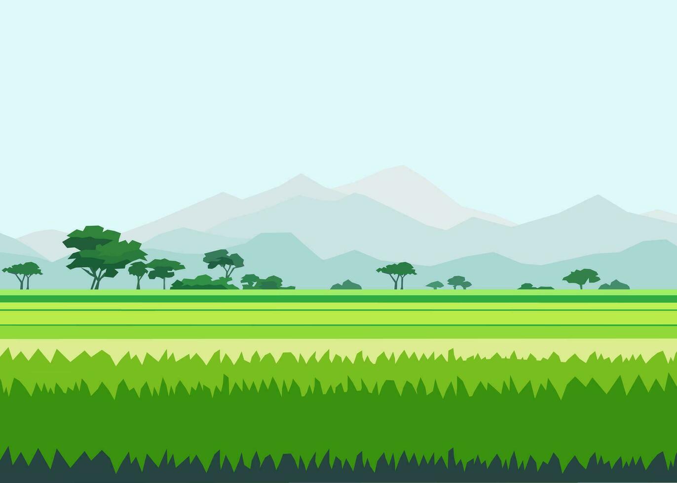 skön risfält landskap med bergen vektor illustration