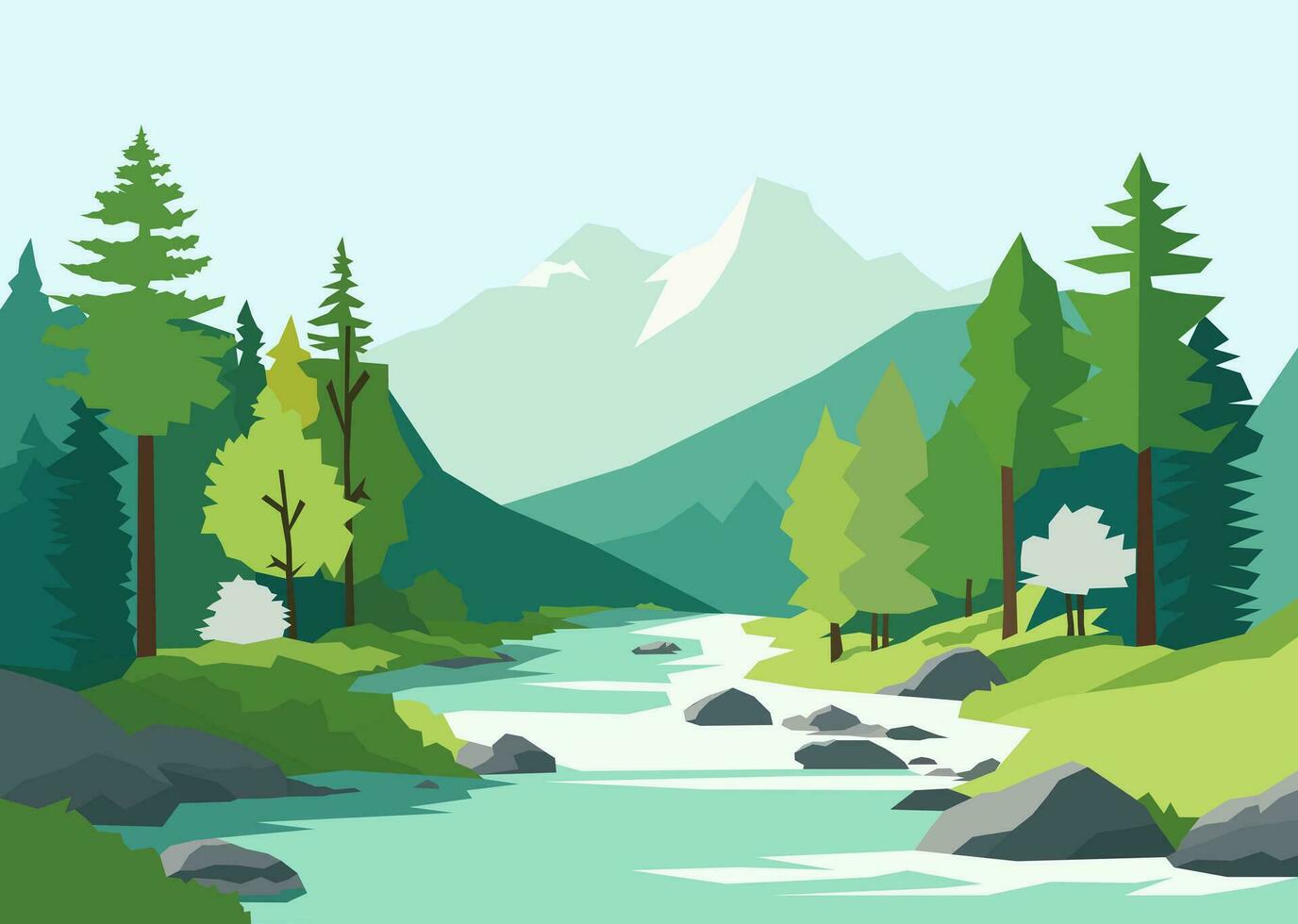 panorama av vår sommar skön natur, grön gräsmarker äng, skog, och flod, bergen på horisont bakgrund landskap vektor illustration