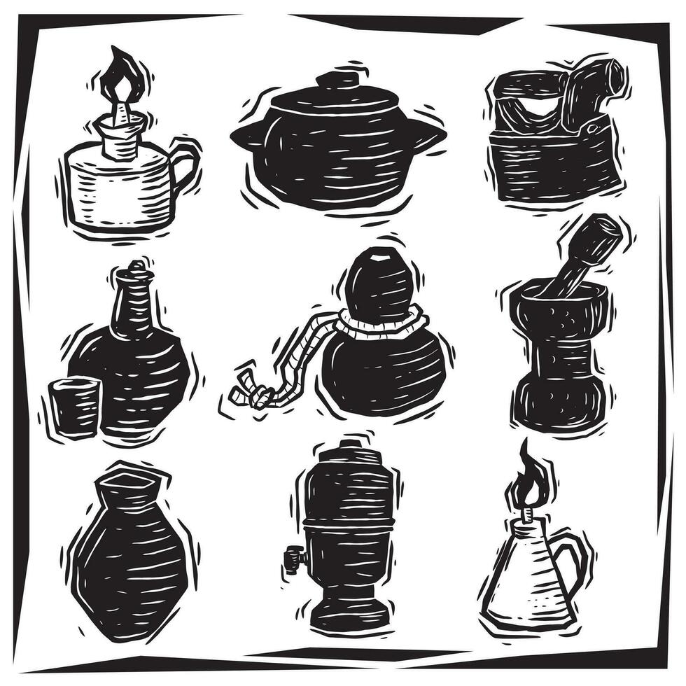 Objekte im Schnur Stil, vektorisiert, Lampe, Lehm Topf, Filter, Quart, Kürbis, Lehm Topf, Stößel, alt Eisen, Illustration Clip Art vektor