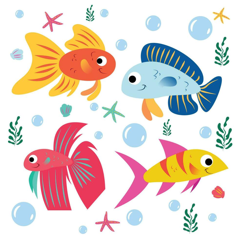 verschiedene bunt wenig Fische Schwimmen glücklich, mit Seetang, Austern, Luftblasen und Seestern um vektor